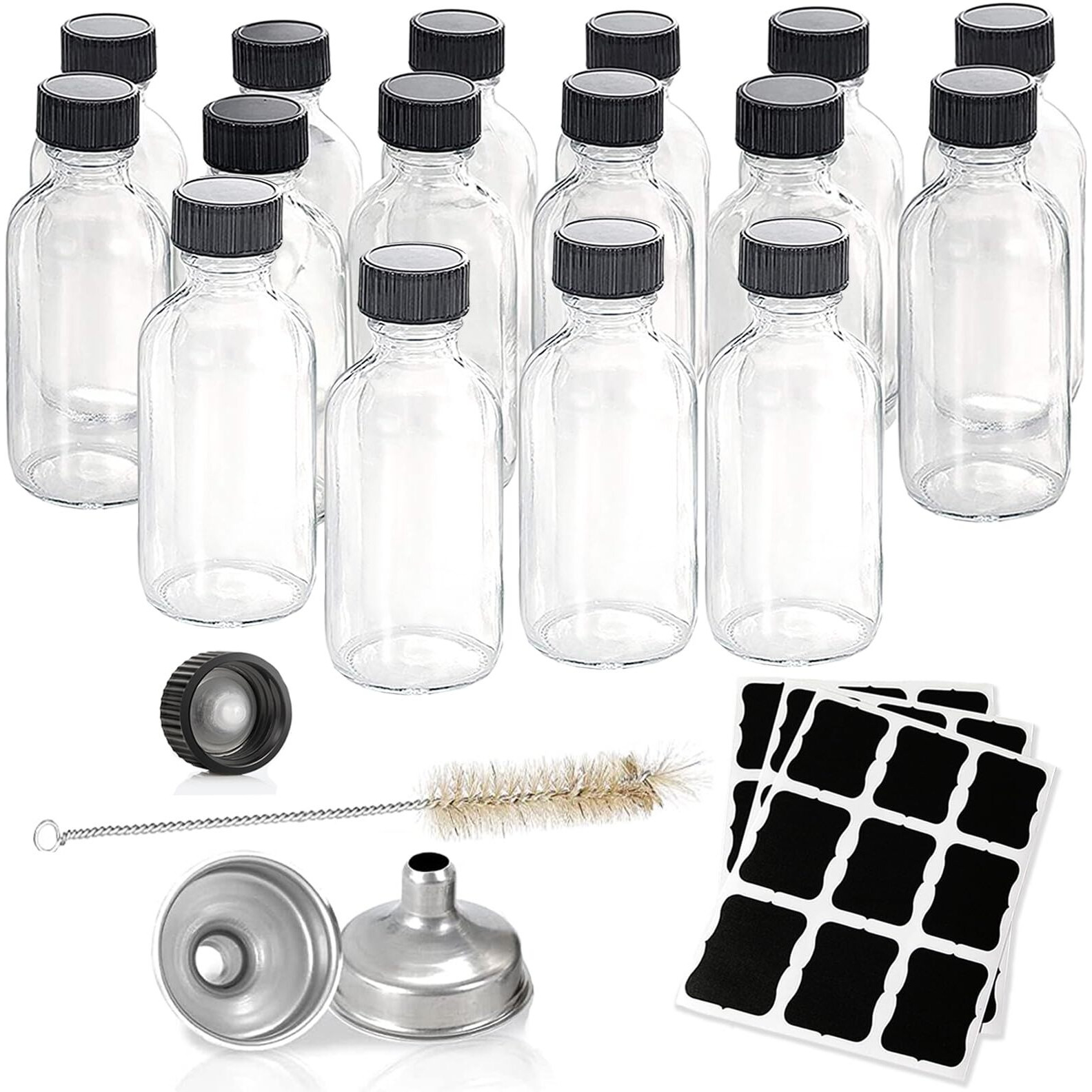 Hadatido 2Oz Glass Bottles With Caps,Wellness Shot Sample Bottles For Bourbon Whiskey,Liquor,Juice,Potion,Oils,Vanilla Extract,Tincture,Hot Sauce,With Funnels,Labels,Brush,No Leakag 16Pack