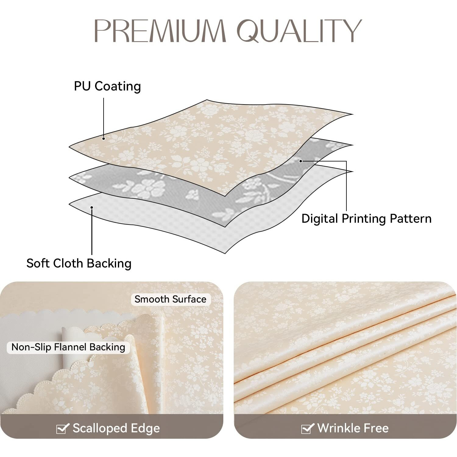 Romanstile Rectangle Vinyl Tablecloth,100% Waterproof Heavy Duty Oil Spill Proof Stain Resistant Plastic Pu Table Cover With Flannel Backing For Kitchen, Dining (Rose Beige, 54 X 120)