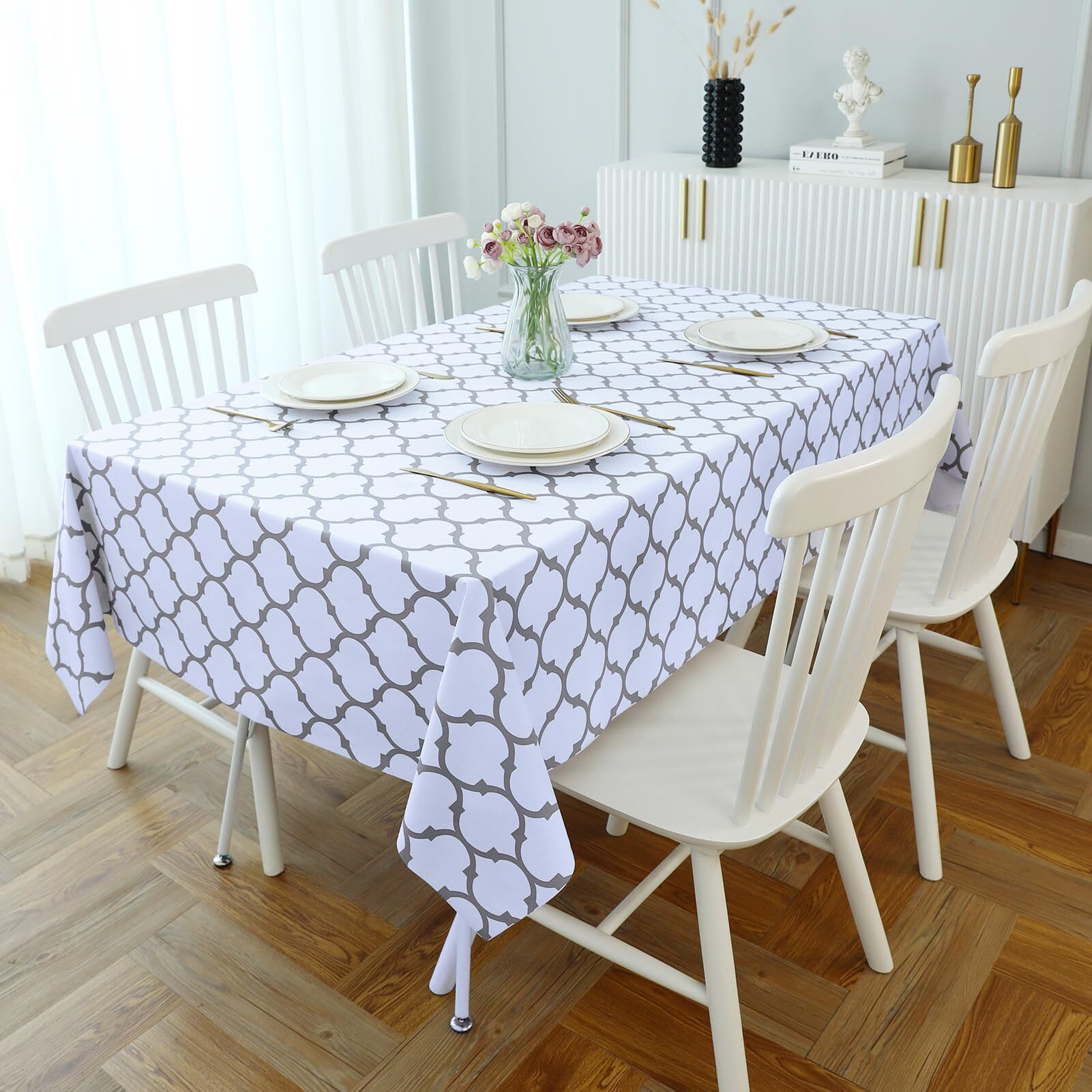 Romanstile Rectangle Plastic Tablecloth, 100% Waterproof Oil-Proof Checkered Pvc Table Cloth, Heavy Duty Vinyl Table Cover For Dining, Camping, Picnic, Outdoor - 54 X 120 Inch, Moroco White