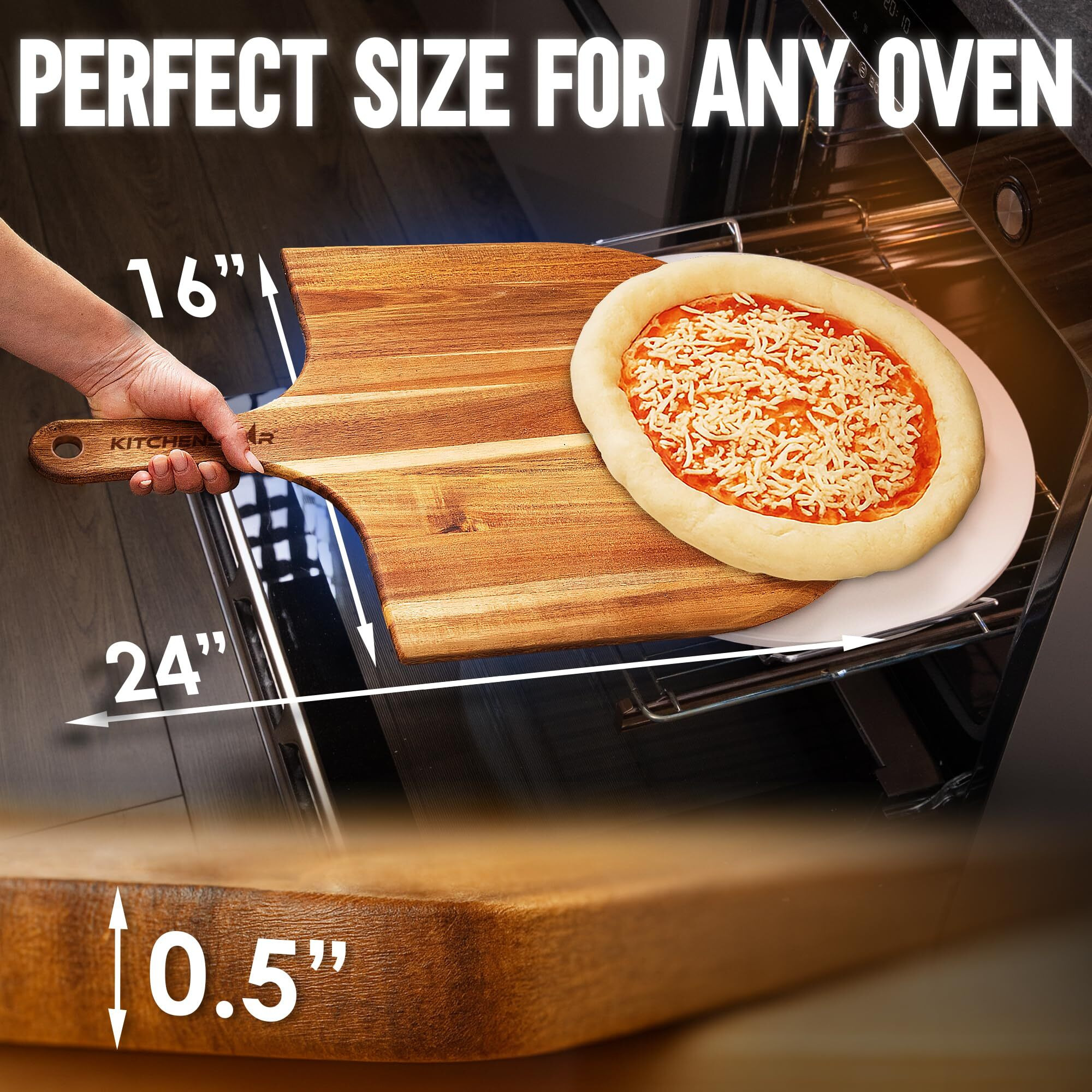 Kitchenstar 16-Inch Acacia Wood Pizza Peel - Extra Large Wooden Cutting & Serving Board With Handle - Natural Oil Finish - Ideal Pizza Oven Accessory For Easy Sliding & Prep