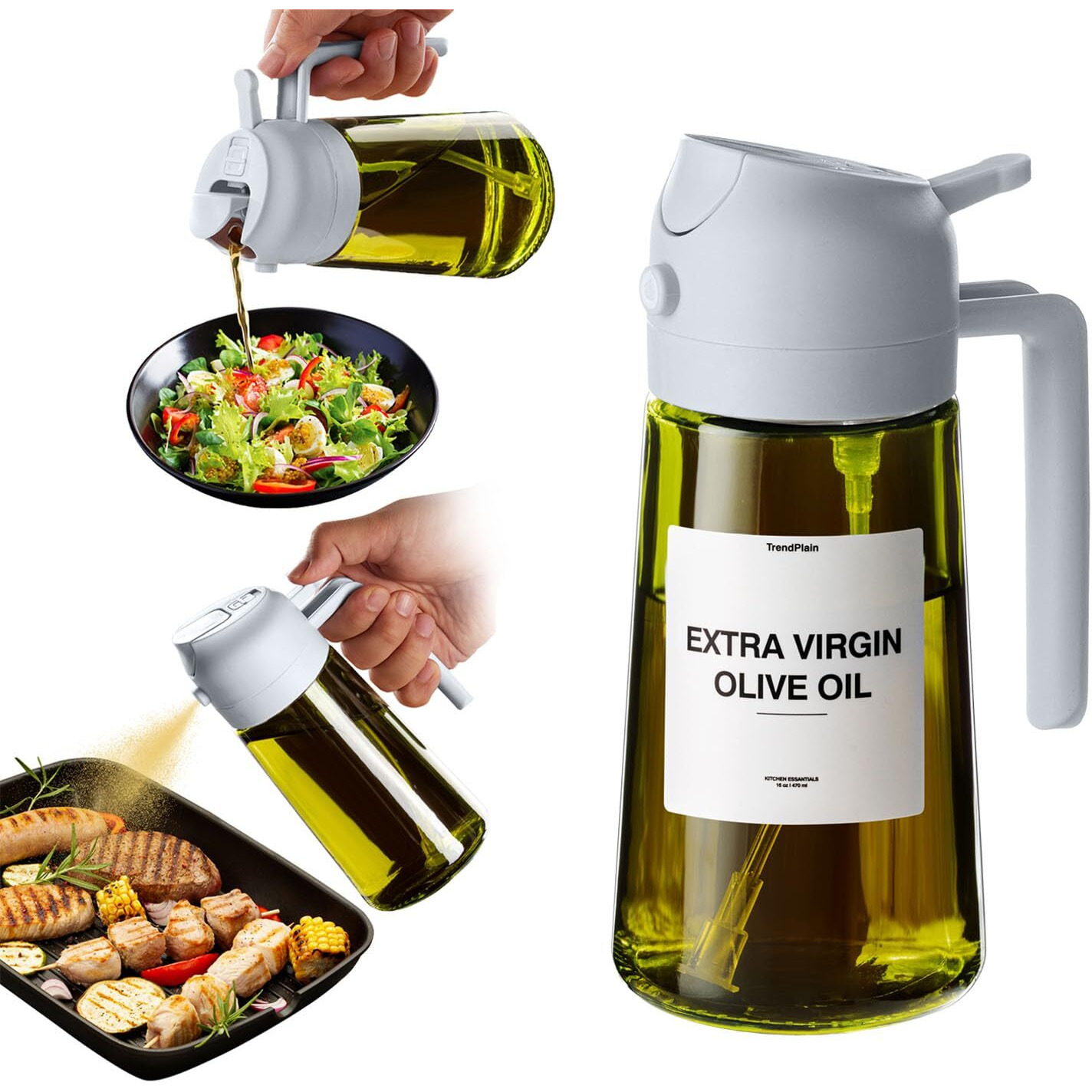 Trendplain - Original 16Oz/470Ml Olive Oil Dispenser Bottle For Kitchen Gadgets And Air Fryer Accessories - Olive Oil Sprayer For Cooking W/Stickers - Ash