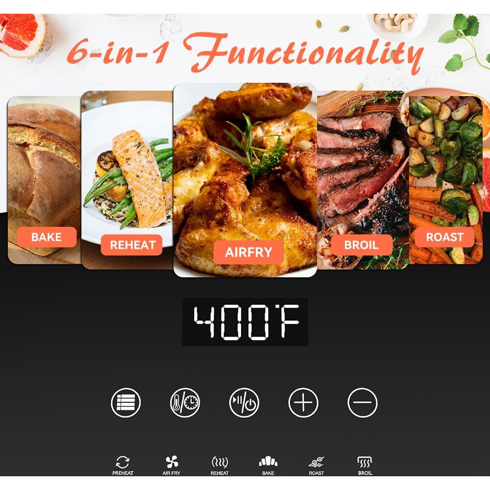 Asz Digital Air Fryer 6Qt With Window Up - 6 Qt Big Airfryer 6-In-1 Presets Preheat Airfry Reheat Bake Roist Broil 400F Airfrier 85% Oil Less,Nonstick Dishwasher-Safe Parts, Automatic Shutoff