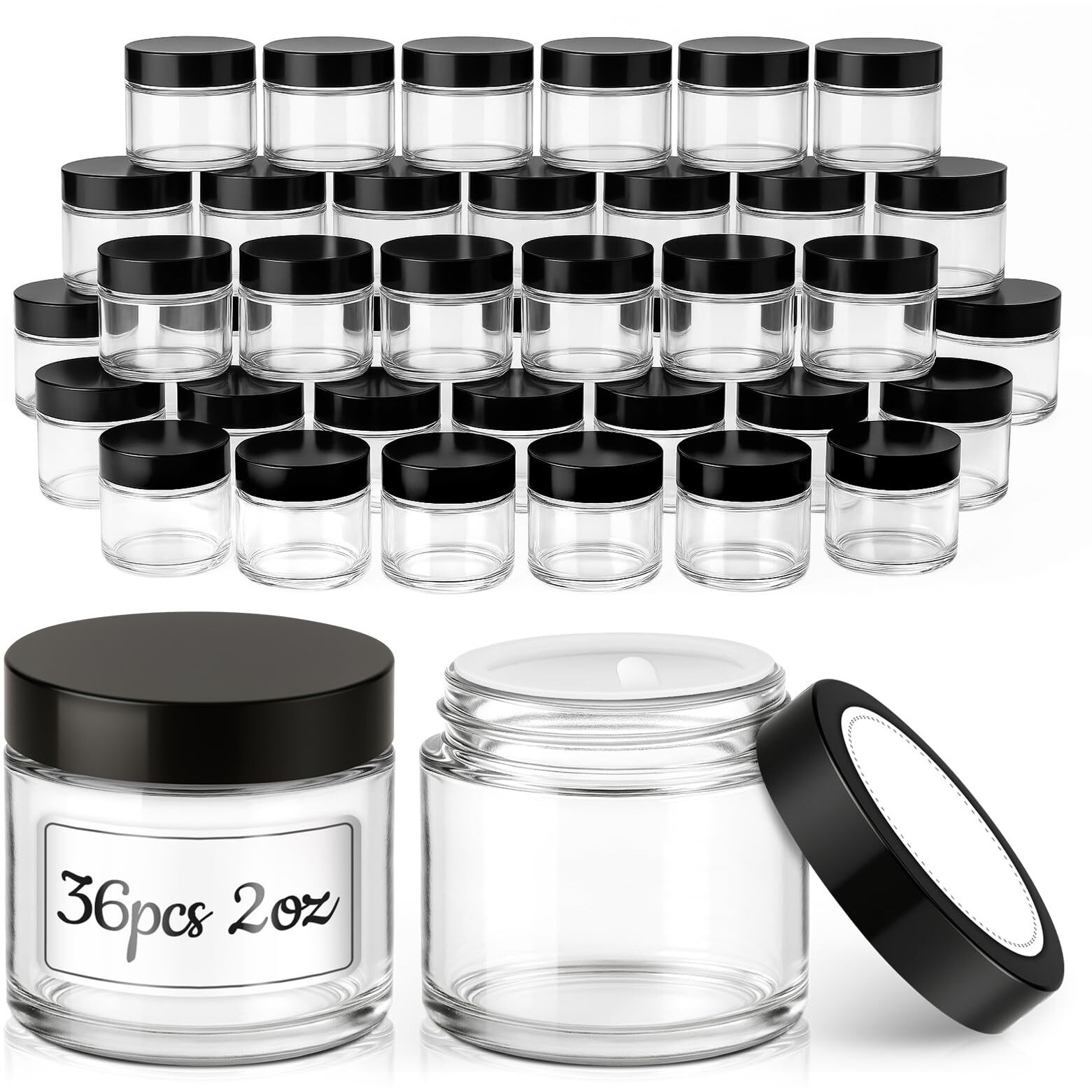 2 Oz Glass Jars With Lids, 36 Pack Clear Small Glass Jars With Black Lids Leakproof Round Airtight Empty Cosmetic Travel Containers With Inner Liners For Lotions Powders And Candle Making
