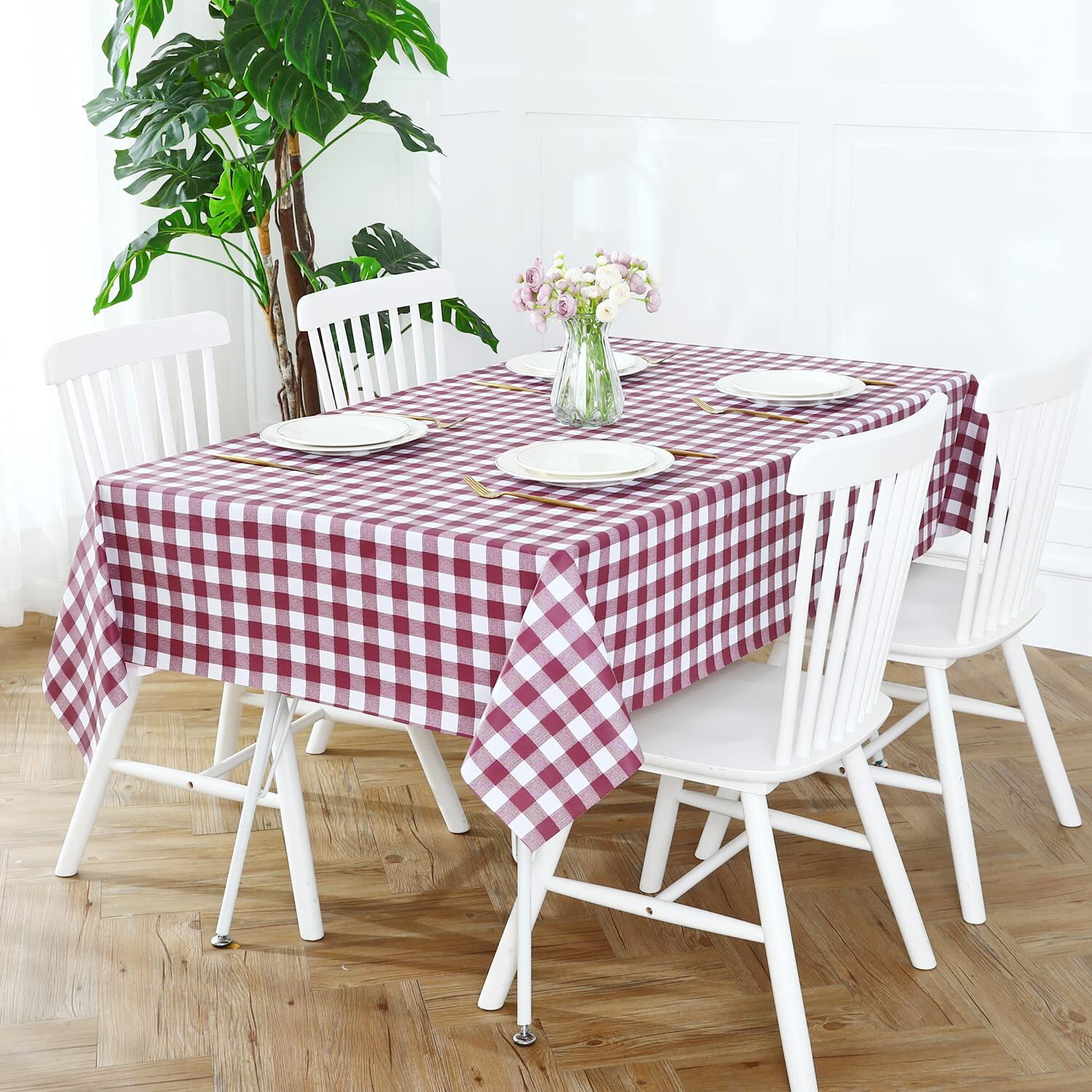 Romanstile Rectangle Vinyl Pvc Tablecloth, 100% Waterproof Buffalo Plaid Plastic Table Cloth, Oil Proof Heavy Duty Wipeable Table Covers For Dining/Camping/Picnic/Outdoor - 60 X 120, Burgundy