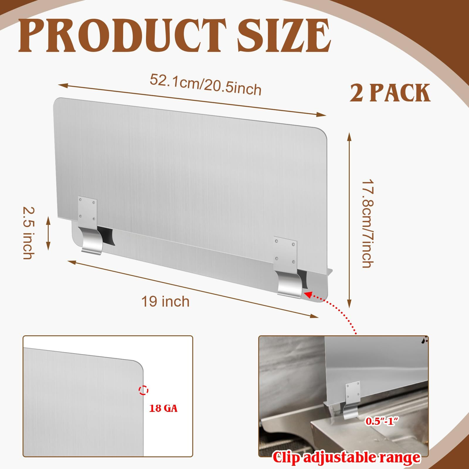Ferraycle 2 Packs Stainless Steel Fryer Splash Guard Commercial Side Stove Splash Splatter Guard For Stop Oil From Splattering (20-1/2"" W X 7.01'' H)