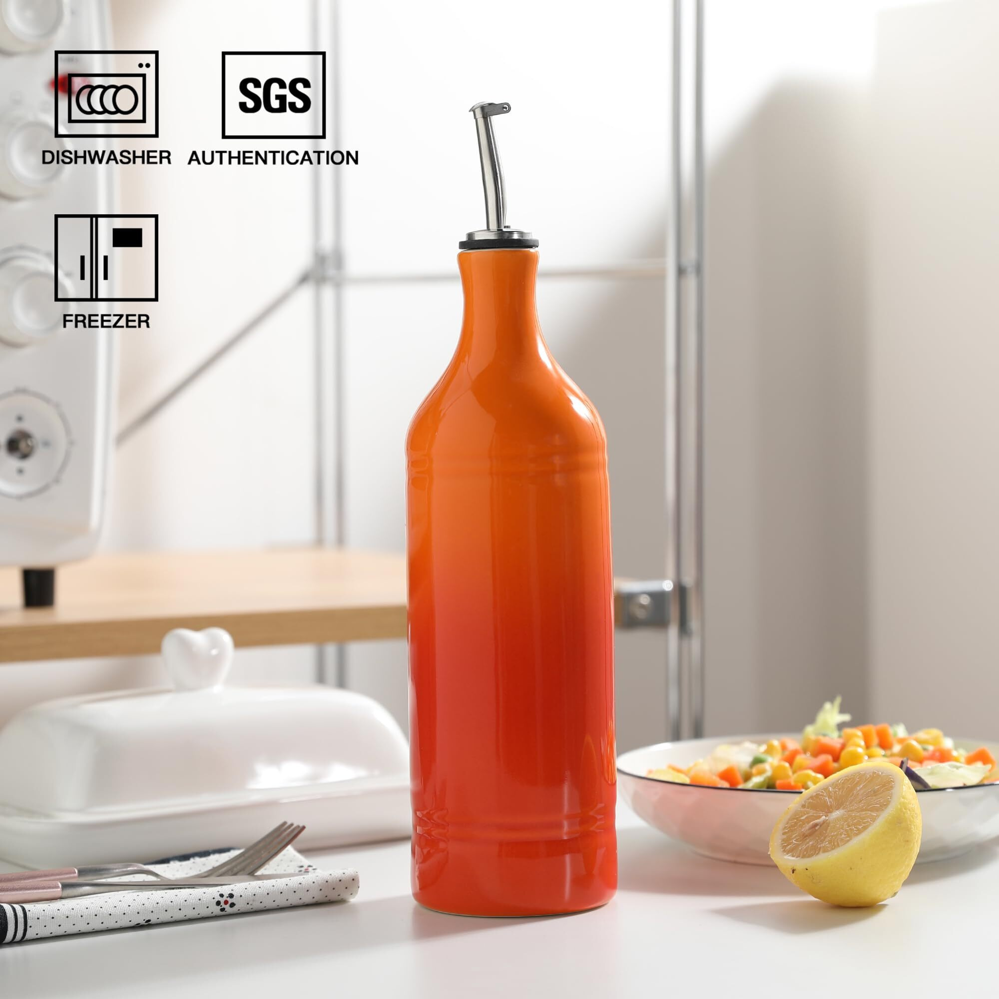 Sweejar Ceramic Olive Oil Dispenser Bottle, 20 Oz Evoo Oil And Vinegar Dispensing Bottle With Spout For Kitchen, Set Of 1, 24 Fl Oz (Gradient Orange)