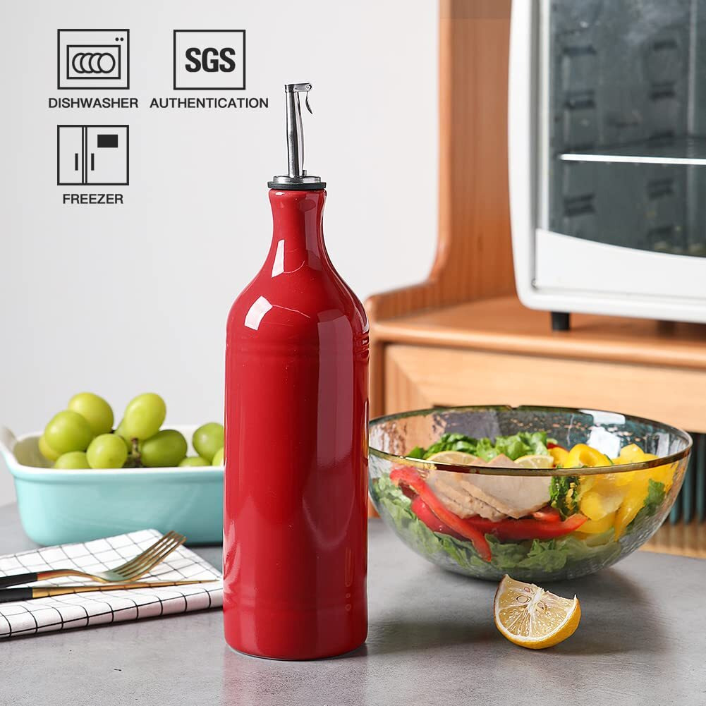 Sweejar Large Ceramic Olive Oil Dispenser Bottle, Opaque Oil Cruet Protects Oil To Reduce Oxidation, Suitable For Storage Oil, Vinegar, Soy Sauce & Other Liquids, Pack Of 1, 24 Fl Oz (Red)