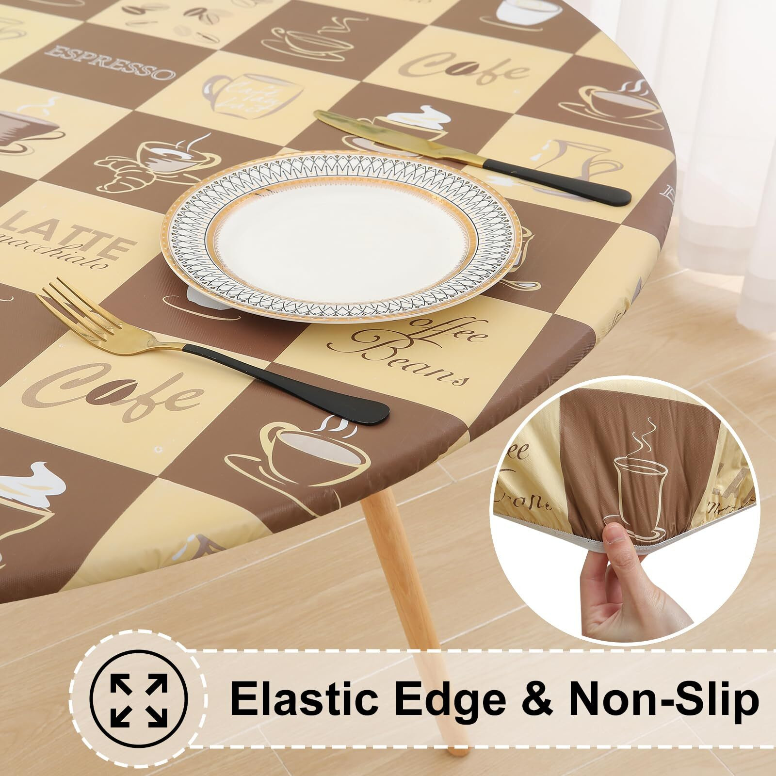 Misaya Round Fitted Tablecloth With Elastic Edge, 100% Waterproof Oil Proof Plastic Table Cover, Vinyl Flannel Backed Tablecloth Fits 57""-66"" Round Tables For Dinner, Outdoor, Picnic, Coffee