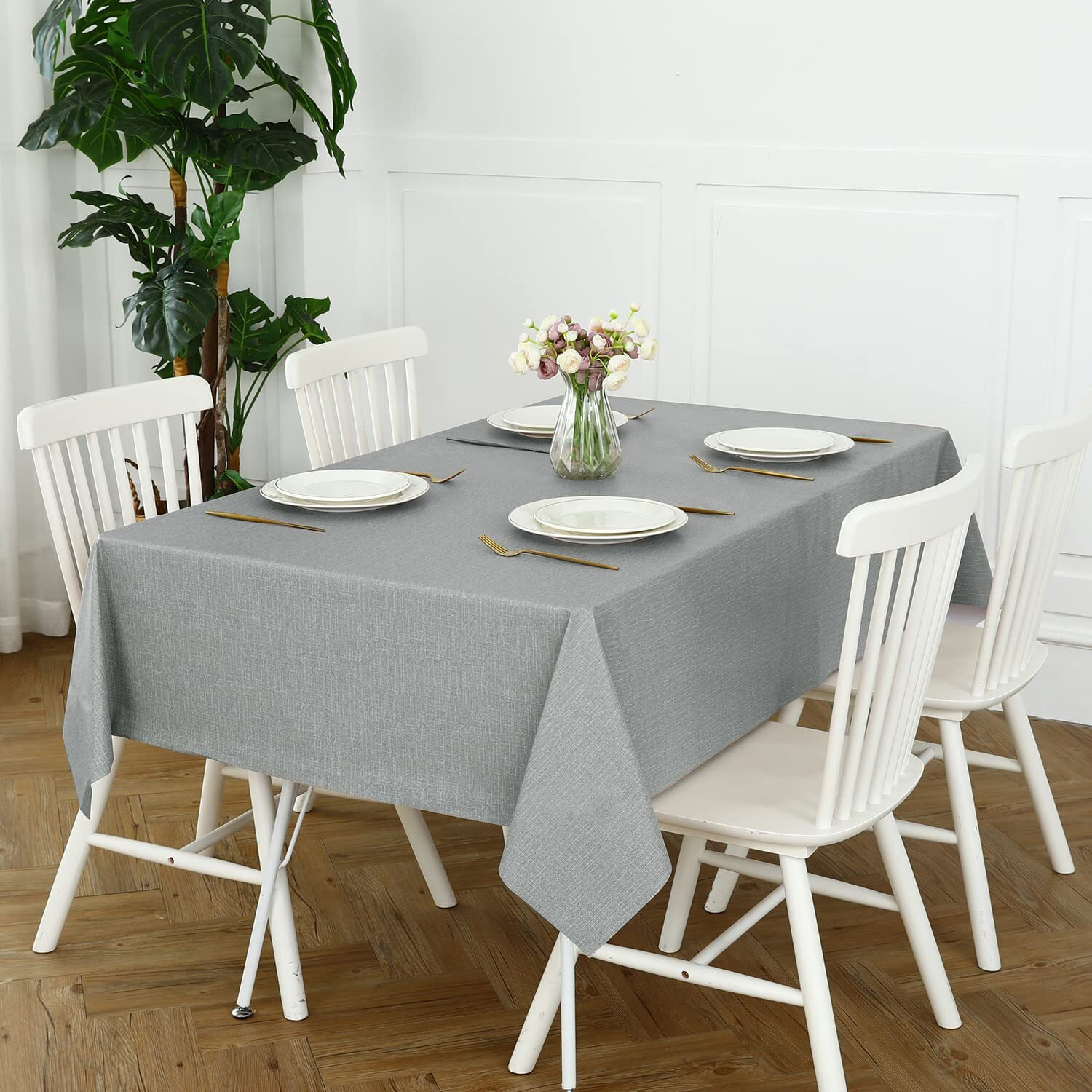 Romanstile 100% Waterproof Pvc Tablecloth, Rectangle Oil Spill Proof Stain Resistant Vinyl Table Cloth, Wipe Clean Plastic Table Covers For Kitchen/Dining/Parties - 54 X 108 Inch, Light Grey