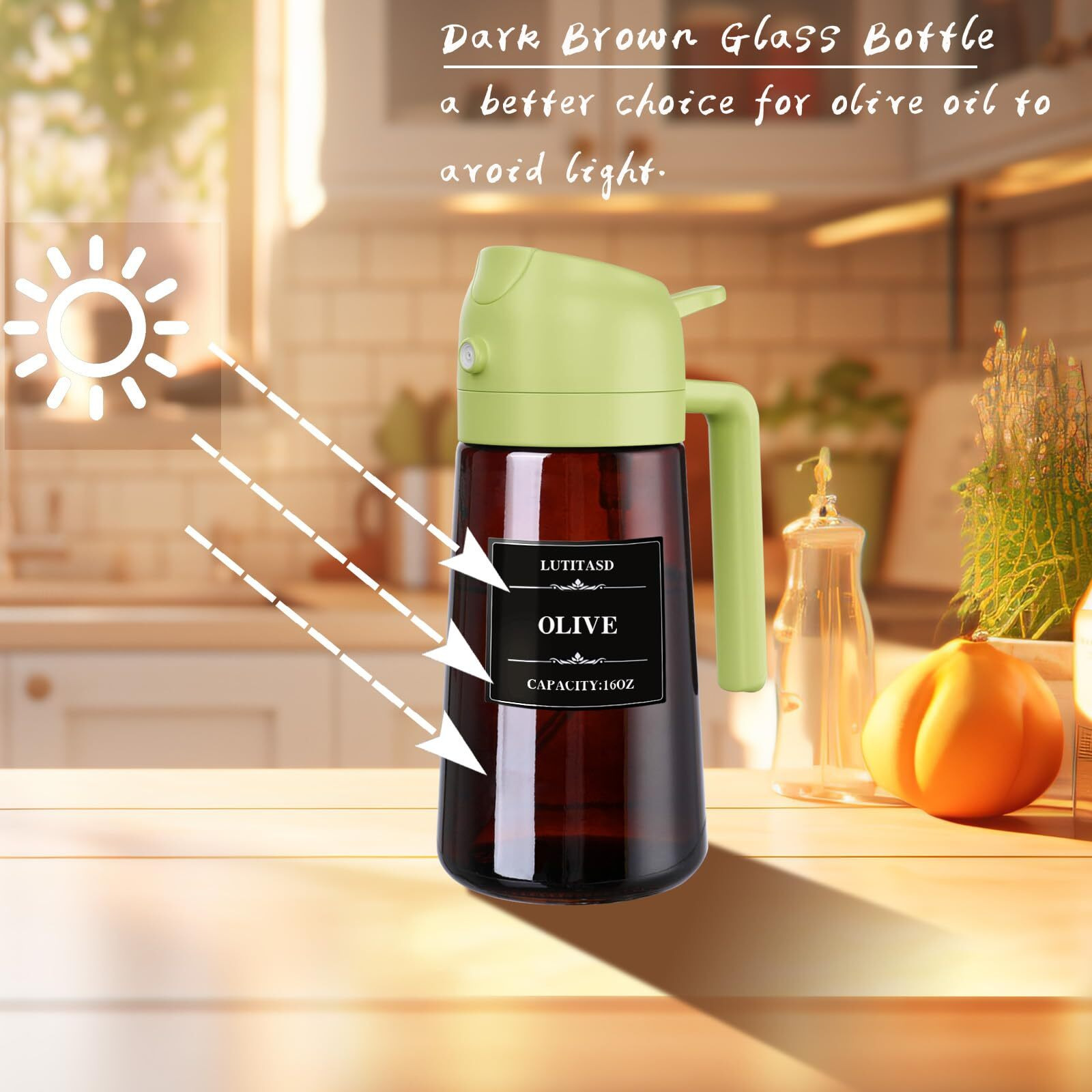 Lutitasd 2 In 1 Oil Sprayer And Dispenser, 16Oz/470Ml Glass Non-Drip Food-Grade Oil Mister With Ergonomic Handle, Leak-Proof Olive Oil Dispenser Bottle For Cooking, Baking, Grilling (Green)