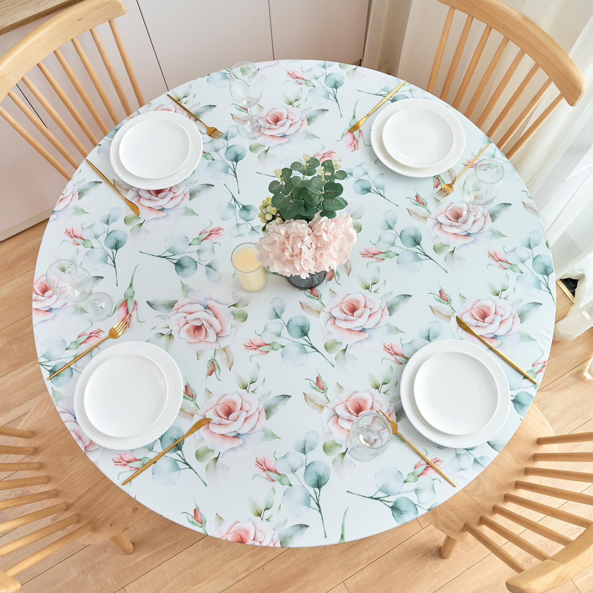 Nlmuvw Round Fitted Vinyl Tablecloth With Elastic Edge 100% Waterproof Oil Proof Super Elastic Table Cloth Wipe Clean Table Cover For Indoor And Outdoor, Rose, 37&quot&quot- 54&quot&quot