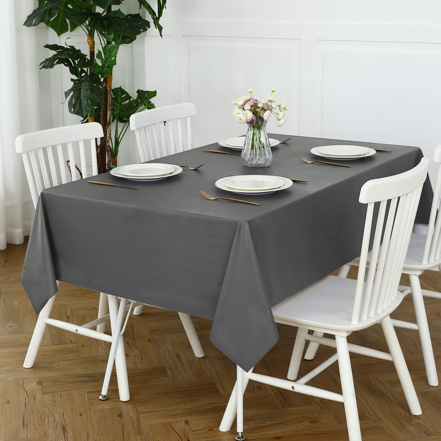 Romanstile 100% Waterproof Pvc Tablecloth, Square Oil Spill Proof Stain Resistant Vinyl Table Cloth, Wipe Clean Plastic Table Covers For Kitchen/Dining/Parties - 54 X 54 Inch, Dark Grey