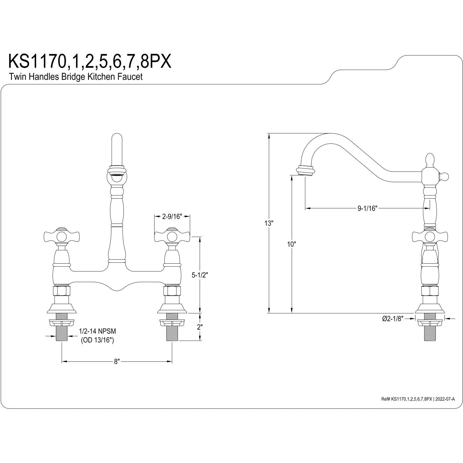 Kingston Brass Ks1175Px Heritage Bridge Kitchen Faucet, 13 X 8 X 2.13, Oil Rubbed Bronze