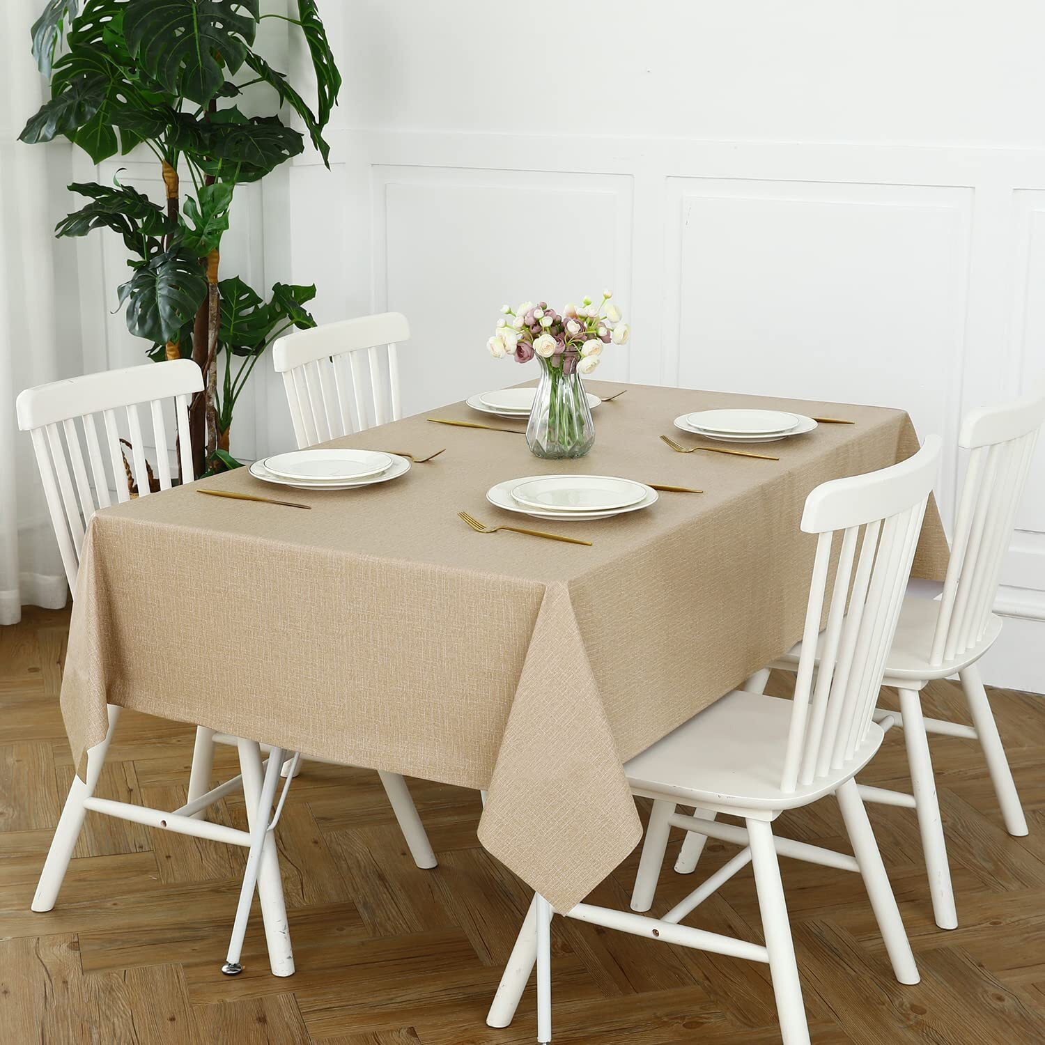 Romanstile 100% Waterproof Pvc Tablecloth, Rectangle Oil Spill Proof Stain Resistant Vinyl Table Cloth, Wipe Clean Plastic Table Covers For Kitchen/Dining/Parties - 60 X 102 Inch, Khaki