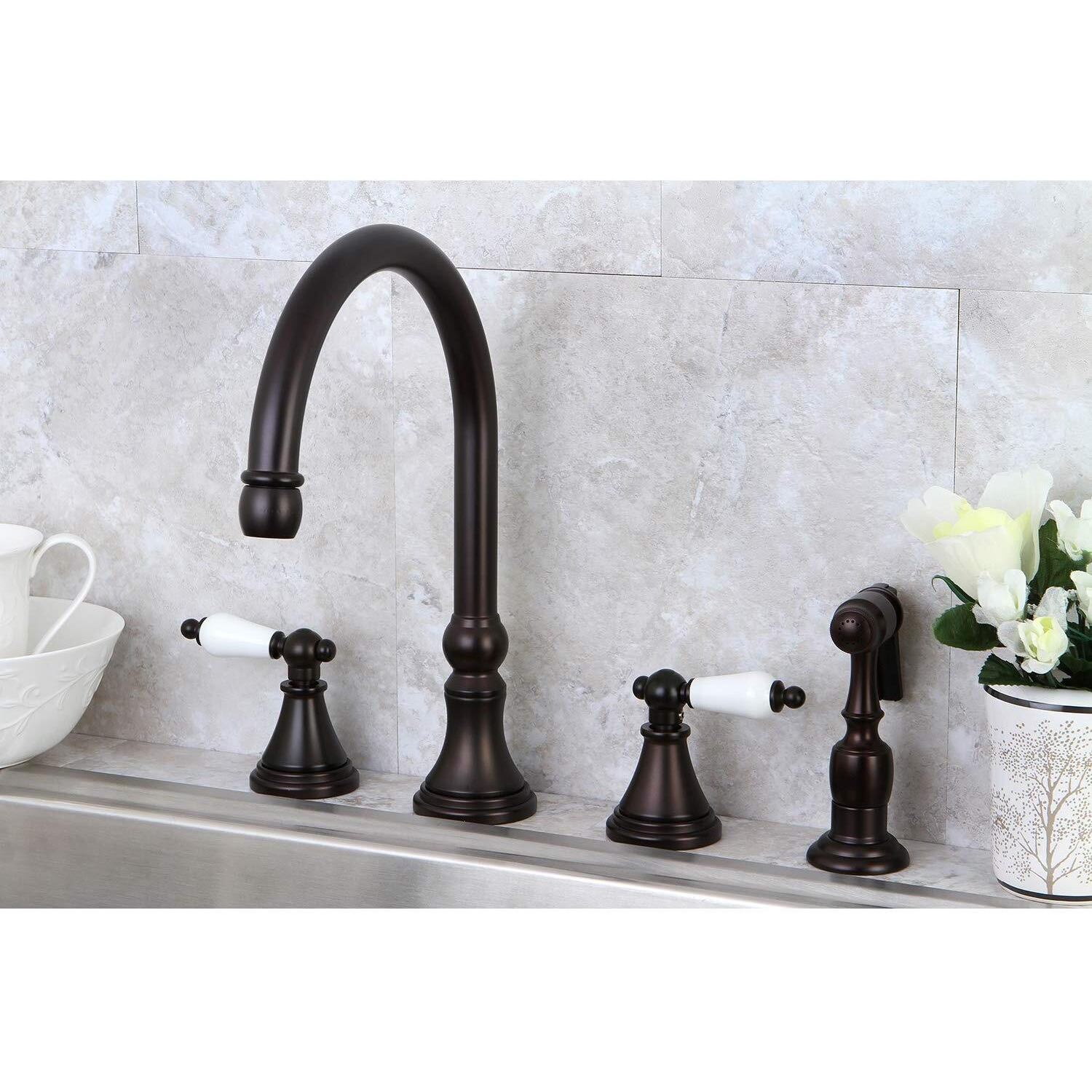 Kingston Brass Ks2795Plbs 8-Inch Deck Mount Kitchen Faucet With Brass Sprayer, Oil Rubbed Bronze