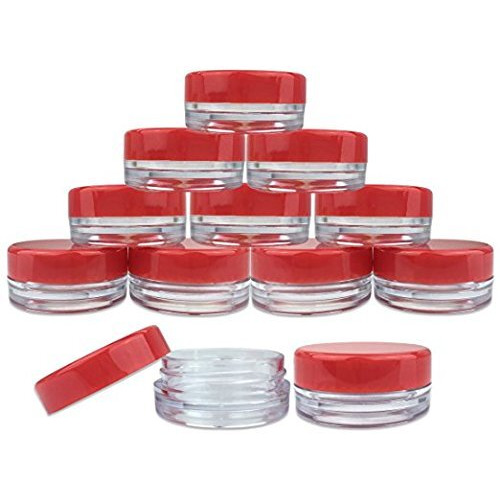Beauticom 3G/3Ml (0.1 Fl Oz) Round Clear Plastic Jars With Round Top Lids For Creams, Lotions, Make Up, Powders, Glitters, And More... (Color Red Lid Quantity 50 Pieces)