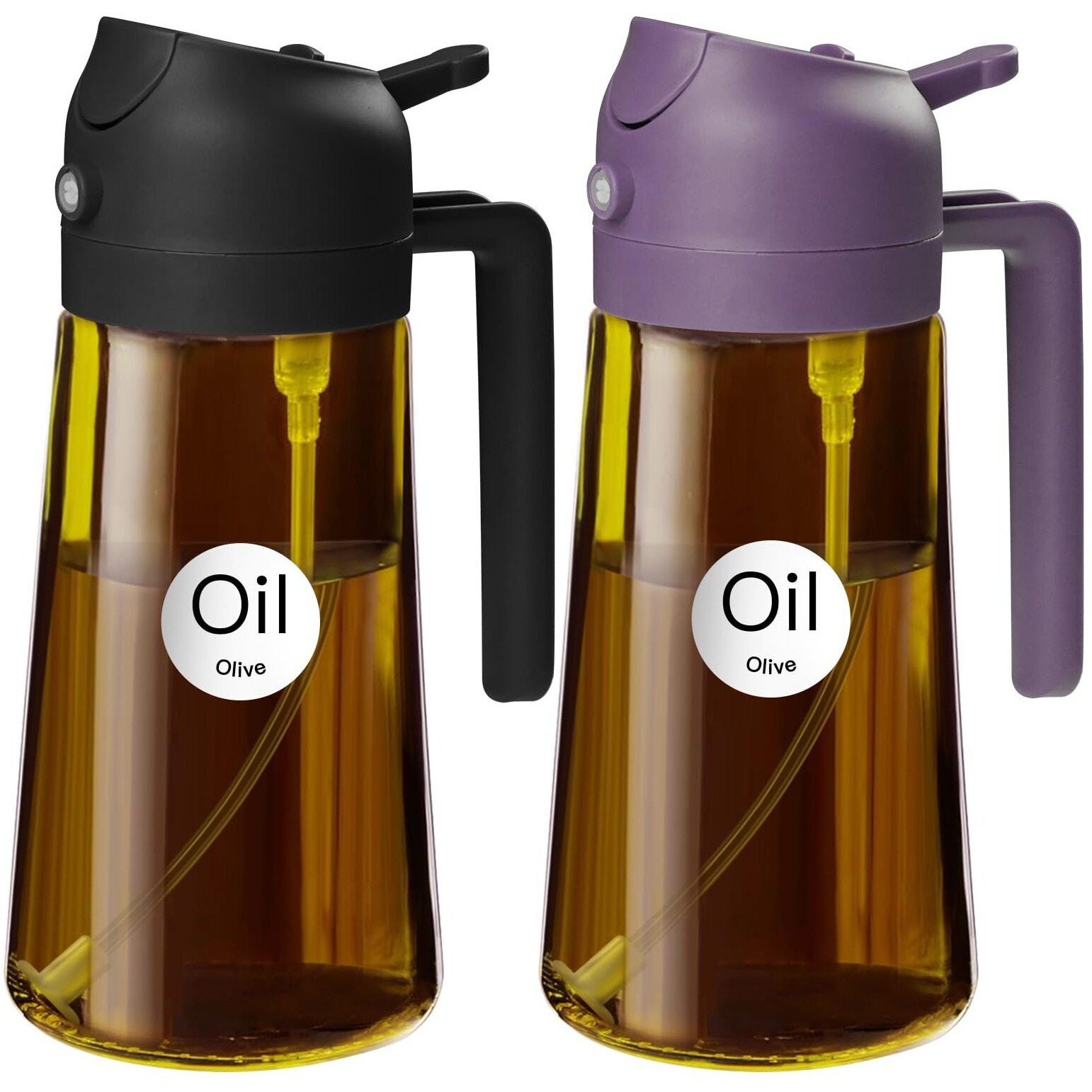 Yarramate 2Pcs 16Oz/470Ml Dark Brown Oil Sprayer For Cooking With Stickers, Food-Grade Premium 2 In 1 Olive Oil Dispenser Bottle For Kitchen Gadgets, Air Fryer, Salad, Frying, Bbq (Black&Purple)