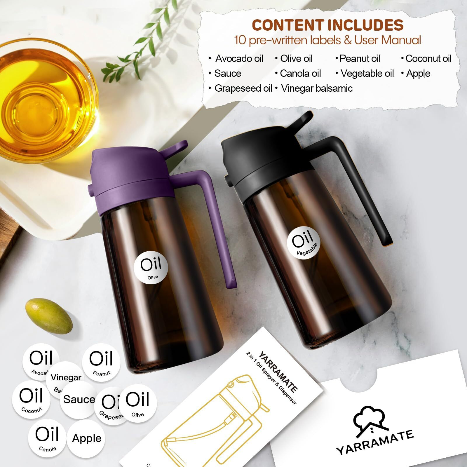 Yarramate 2Pcs 16Oz/470Ml Dark Brown Oil Sprayer For Cooking With Stickers, Food-Grade Premium 2 In 1 Olive Oil Dispenser Bottle For Kitchen Gadgets, Air Fryer, Salad, Frying, Bbq (Black&Purple)