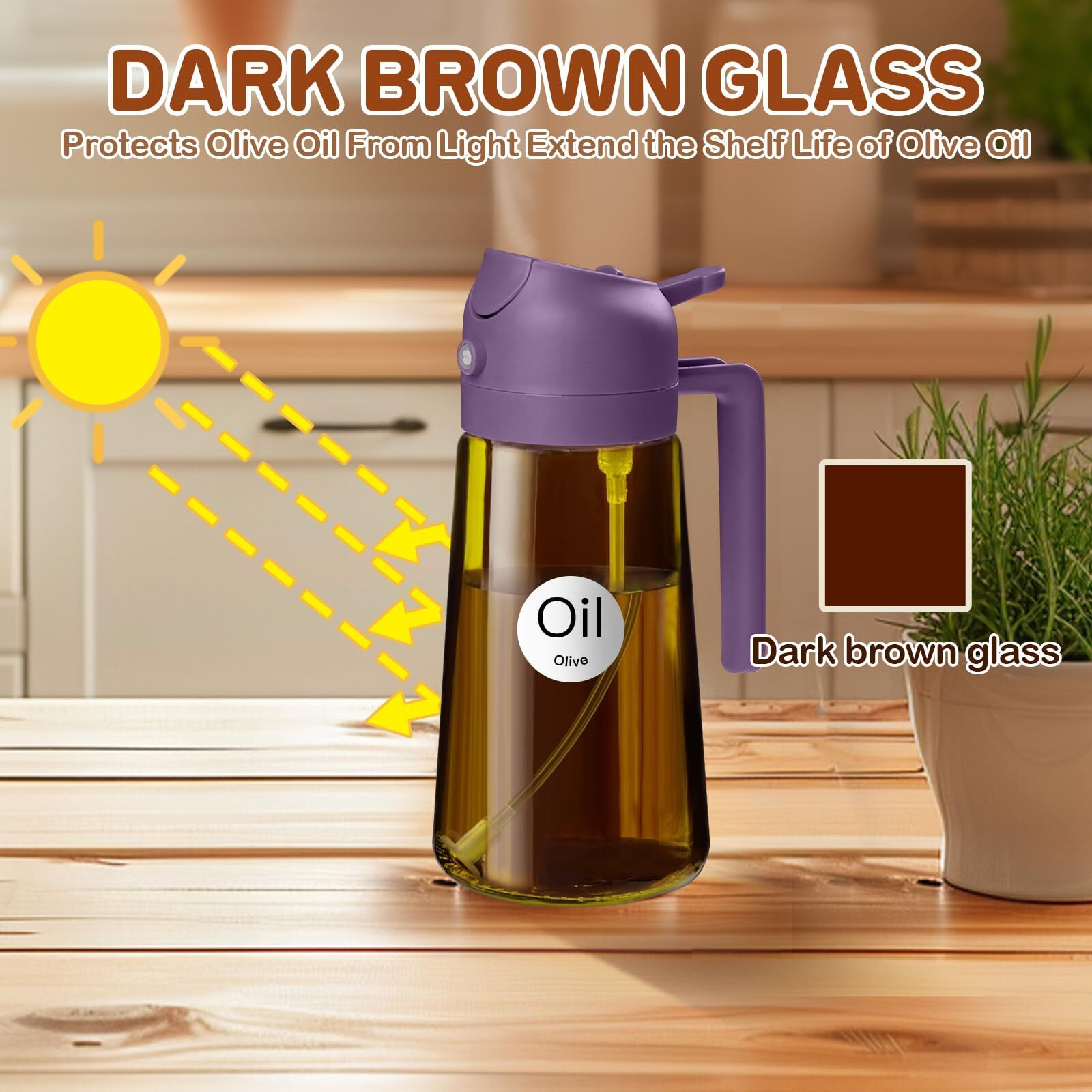 Yarramate 2Pcs 16Oz/470Ml Dark Brown Oil Sprayer For Cooking With Stickers, Food-Grade Premium 2 In 1 Olive Oil Dispenser Bottle For Kitchen Gadgets, Air Fryer, Salad, Frying, Bbq (Black&Purple)