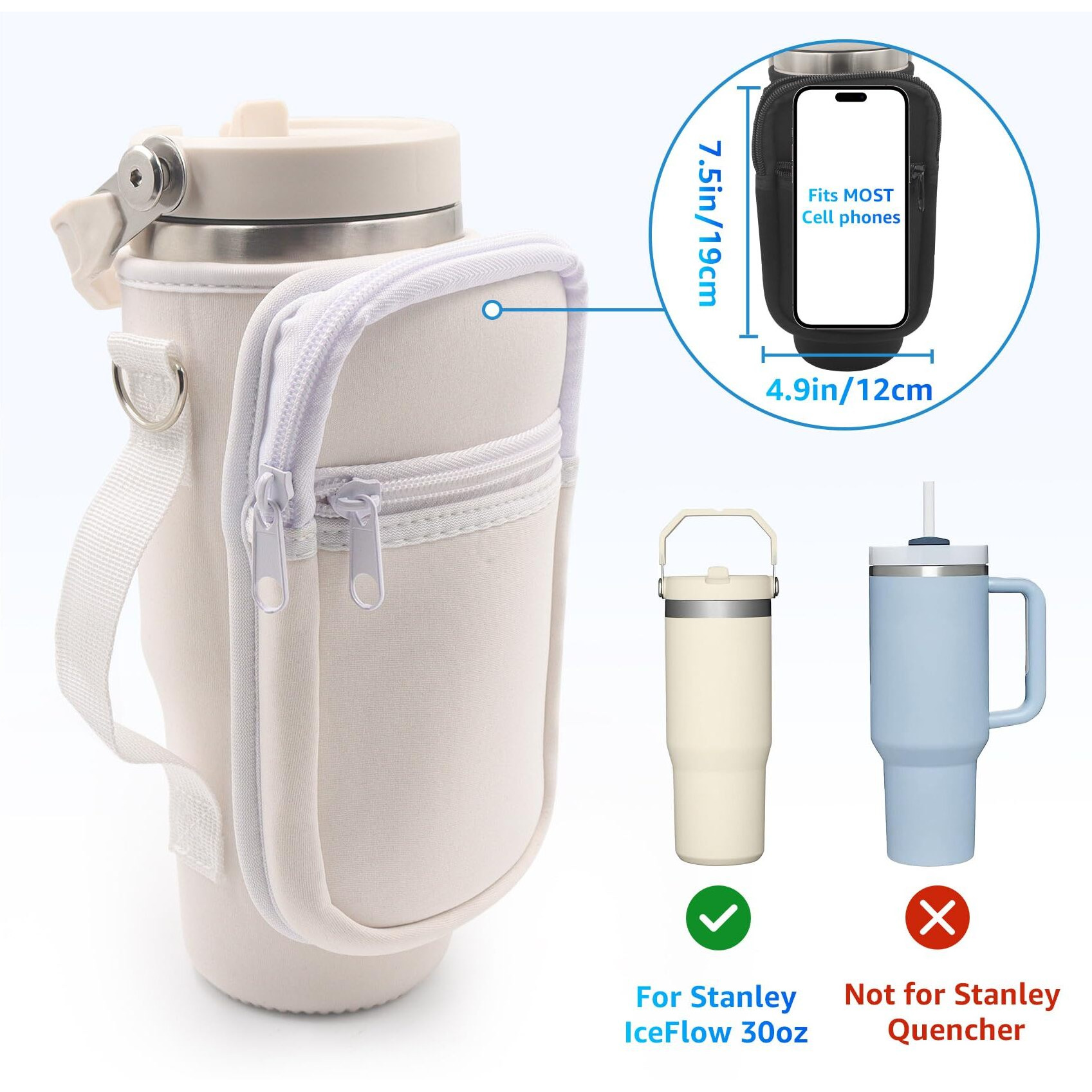 For Stanley Iceflow Flip Straw Tumbler 30 Oz, Water Bottle Cup Holder Cover Carrier Sling Bag With Strap, Pouch Pocket For Phone / Accessories, Add Handle For Stanley Flip Straw, Neoprene (White)