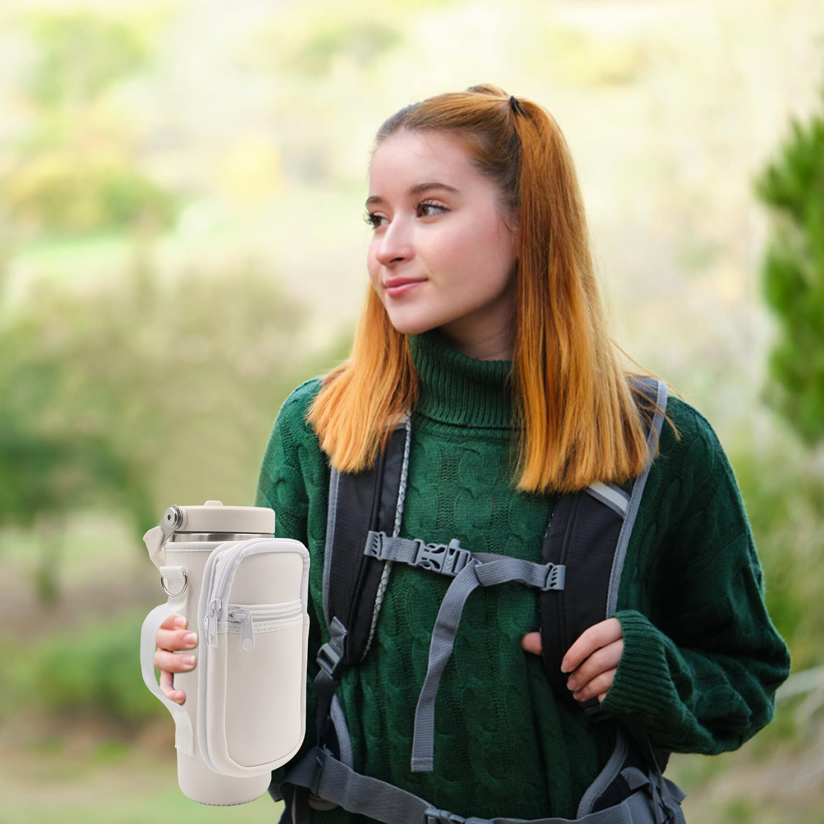 For Stanley Iceflow Flip Straw Tumbler 30 Oz, Water Bottle Cup Holder Cover Carrier Sling Bag With Strap, Pouch Pocket For Phone / Accessories, Add Handle For Stanley Flip Straw, Neoprene (White)