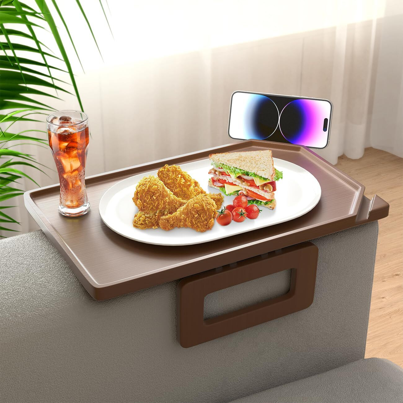 Smatdecis Couch Arm Tray Table Sofa Arm Clip, Armrest Tray Table Suitable For Home Drinks/Fast Food/Fruit Etc, Large Size Multi-Function Brown(Dual Phone/Tablet Holder)
