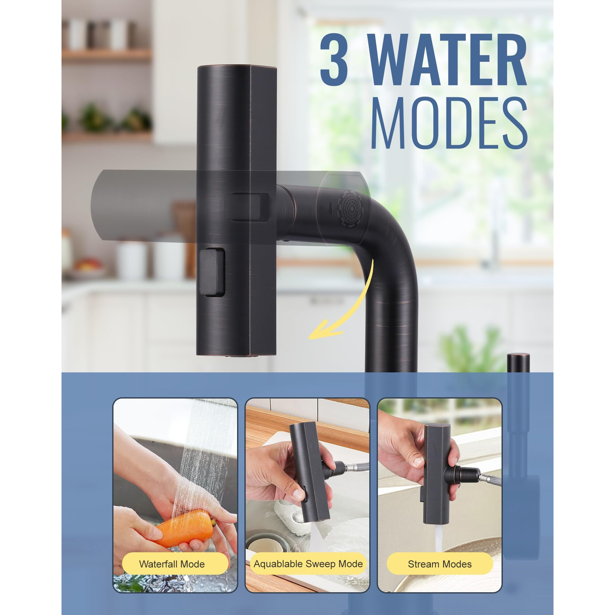 Bar Sink Faucet Single Hole - For Bar Small Kitchen Bathroom Faucets With Cupc Supply Lines, 3 Water Modes Wet Bar Faucets 360 Swivel Prep Sink Faucet With Pull Out Sprayer, Oil Rubbed Bronze