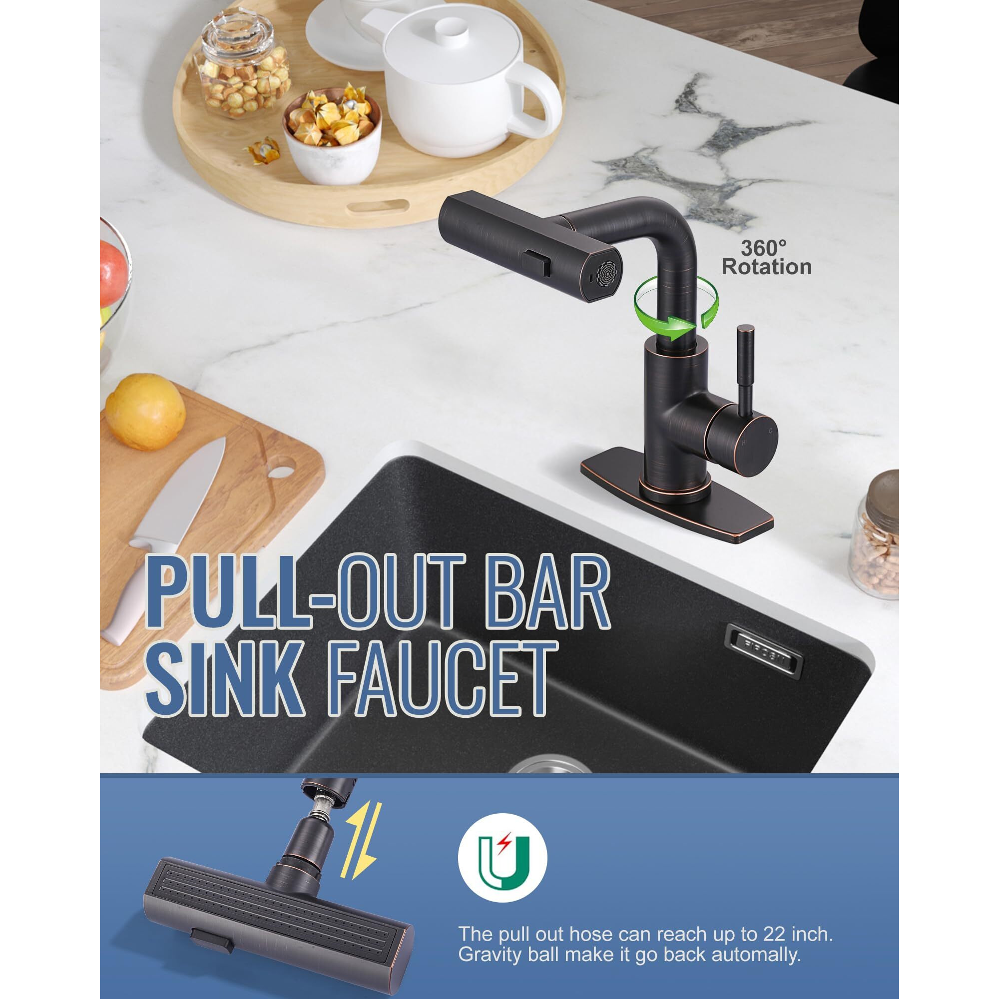 Bar Sink Faucet Single Hole - For Bar Small Kitchen Bathroom Faucets With Cupc Supply Lines, 3 Water Modes Wet Bar Faucets 360 Swivel Prep Sink Faucet With Pull Out Sprayer, Oil Rubbed Bronze