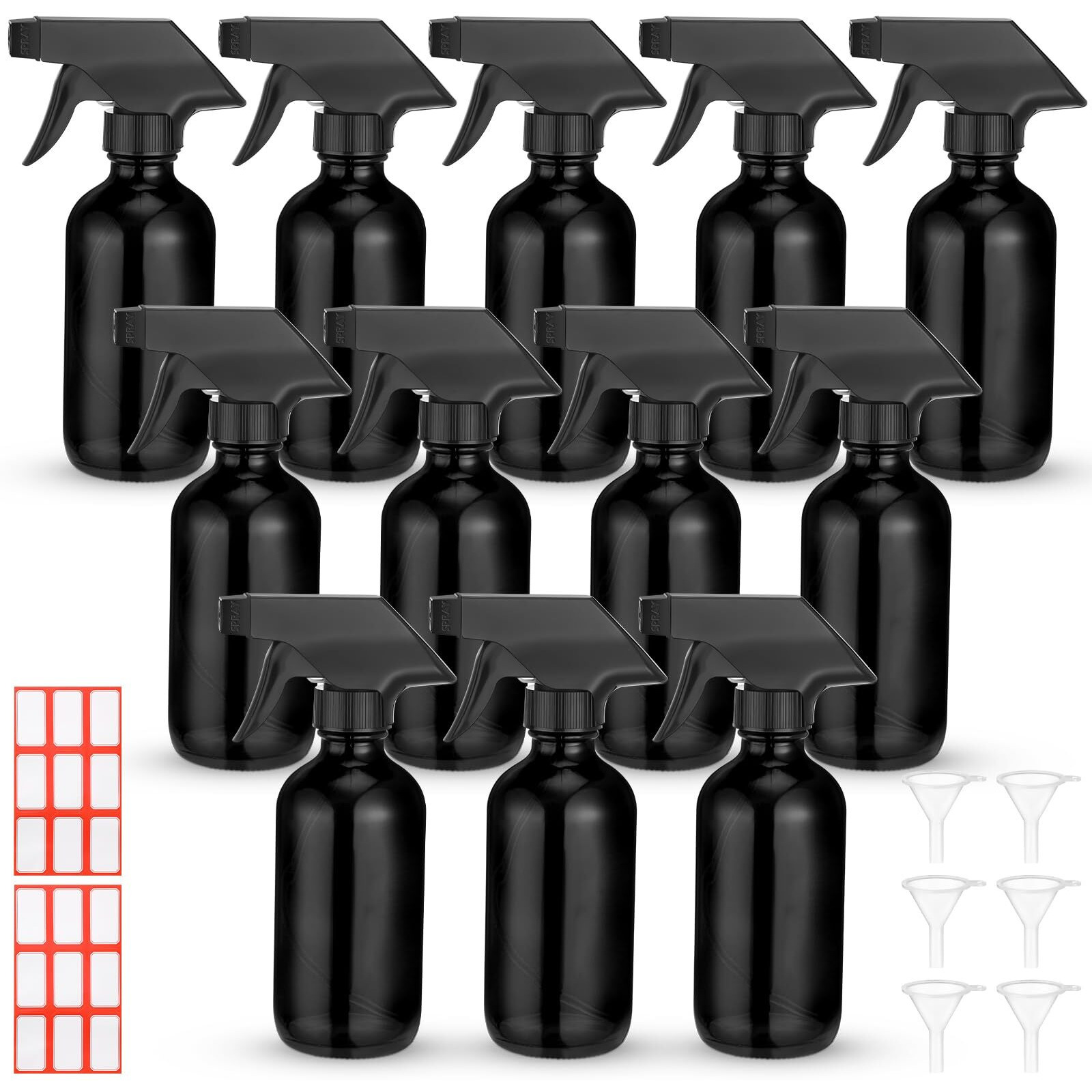 Norme 12 Pcs 8 Oz Glass Spray Bottles With Funnels And Labels Refillable Cosmetic Empty Spray Bottles With Sprayer Containers For Essential Oil Cleaning Solutions(Black,Classic)