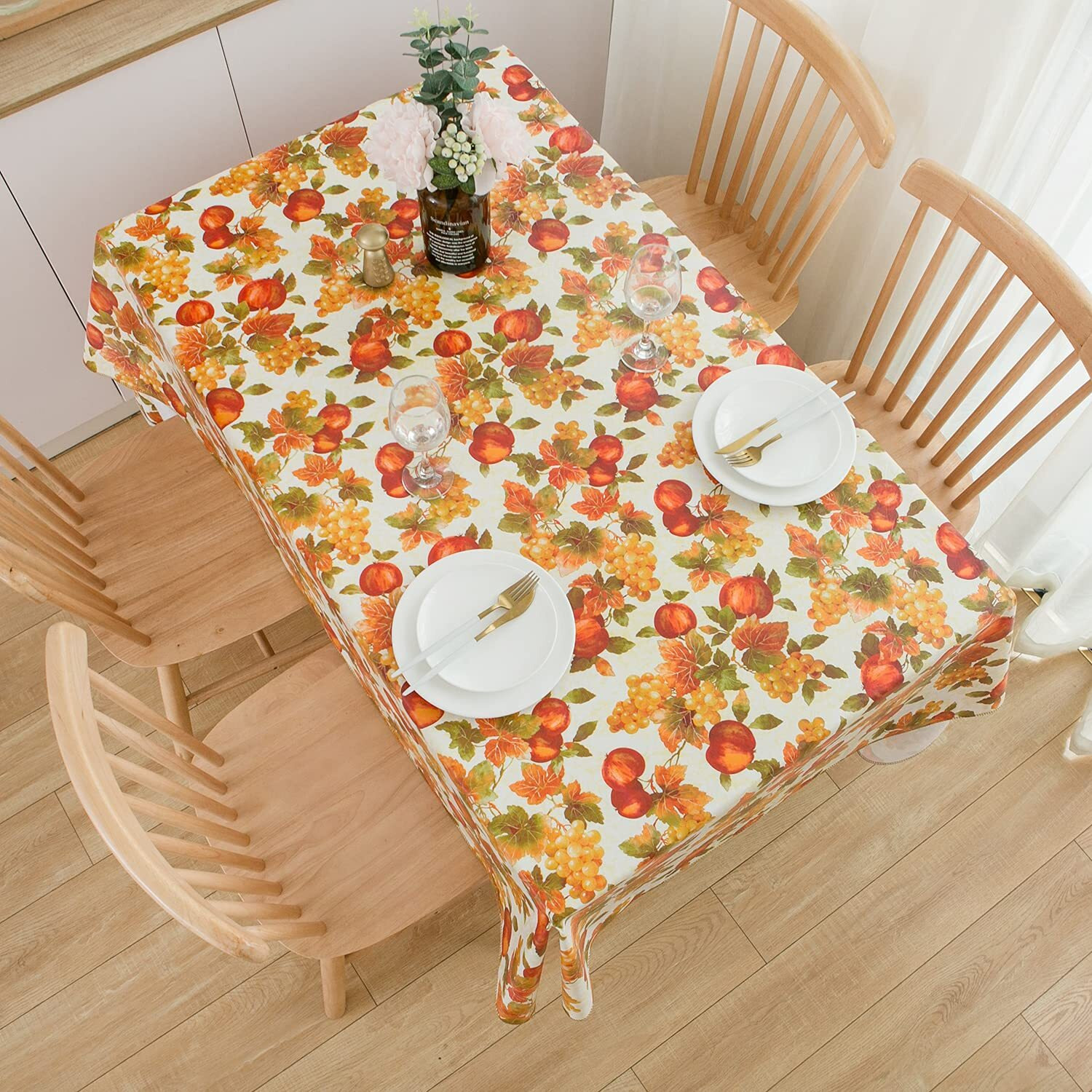 Vinyl Tablecloth With Flannel Backed Waterproof Oil-Proof Pvc Table Cloth Wipeable Spill-Proof Plastic Table Cover For Indoor And Outdoor(Grape&Fruit, 60 X 60 Inch Square)