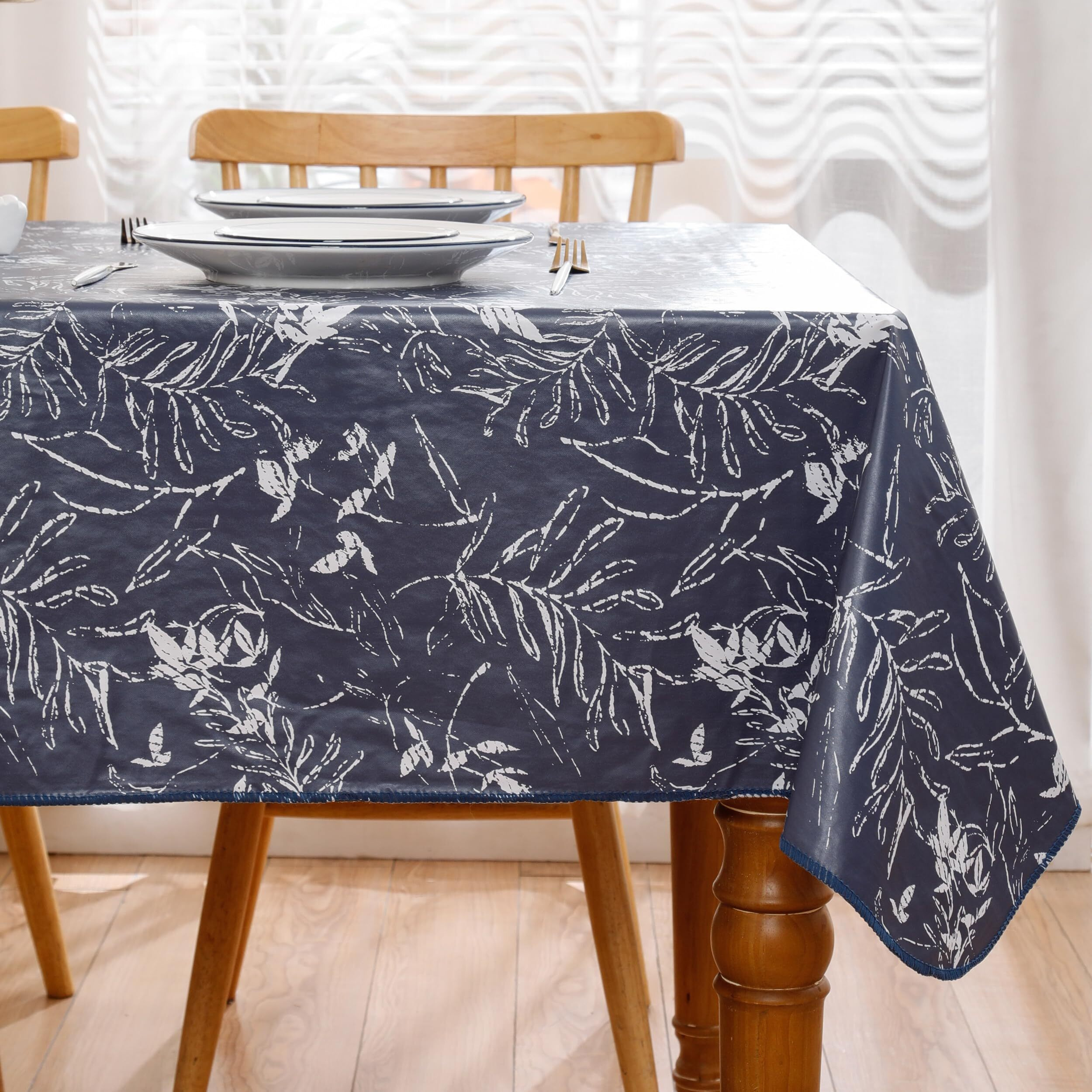 Heavy Duty Vinyl Tablecloth With Flannel Backing Waterproof Oil-Proof Plastic Table Cloth Stain-Resistant Wipeable Rectangle Or Square Table Cover For Indoor And Outdoor (Blue Leaf,52X70 Inch)