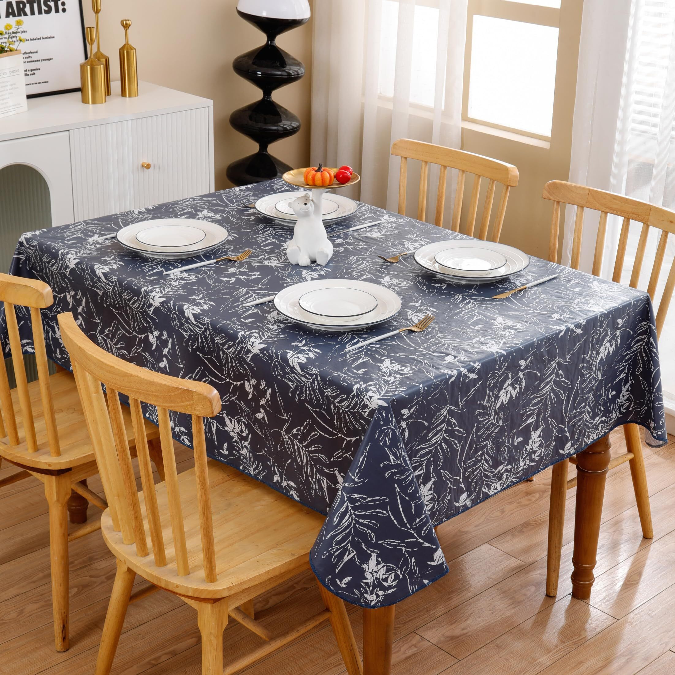 Heavy Duty Vinyl Tablecloth With Flannel Backing Waterproof Oil-Proof Plastic Table Cloth Stain-Resistant Wipeable Rectangle Or Square Table Cover For Indoor And Outdoor (Blue Leaf,52X70 Inch)