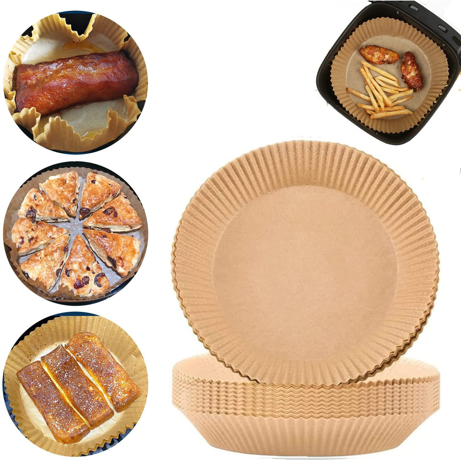 Air Fryer Disposable Paper Liner - 50Pcs 7.9In Round Non-Stick Insert Parchment Paper Liners, Oil-Proof, Water-Proof Cooking Baking Roasting Filter Sheet For Airfryer Basket, Microwave, Oven, Dryer