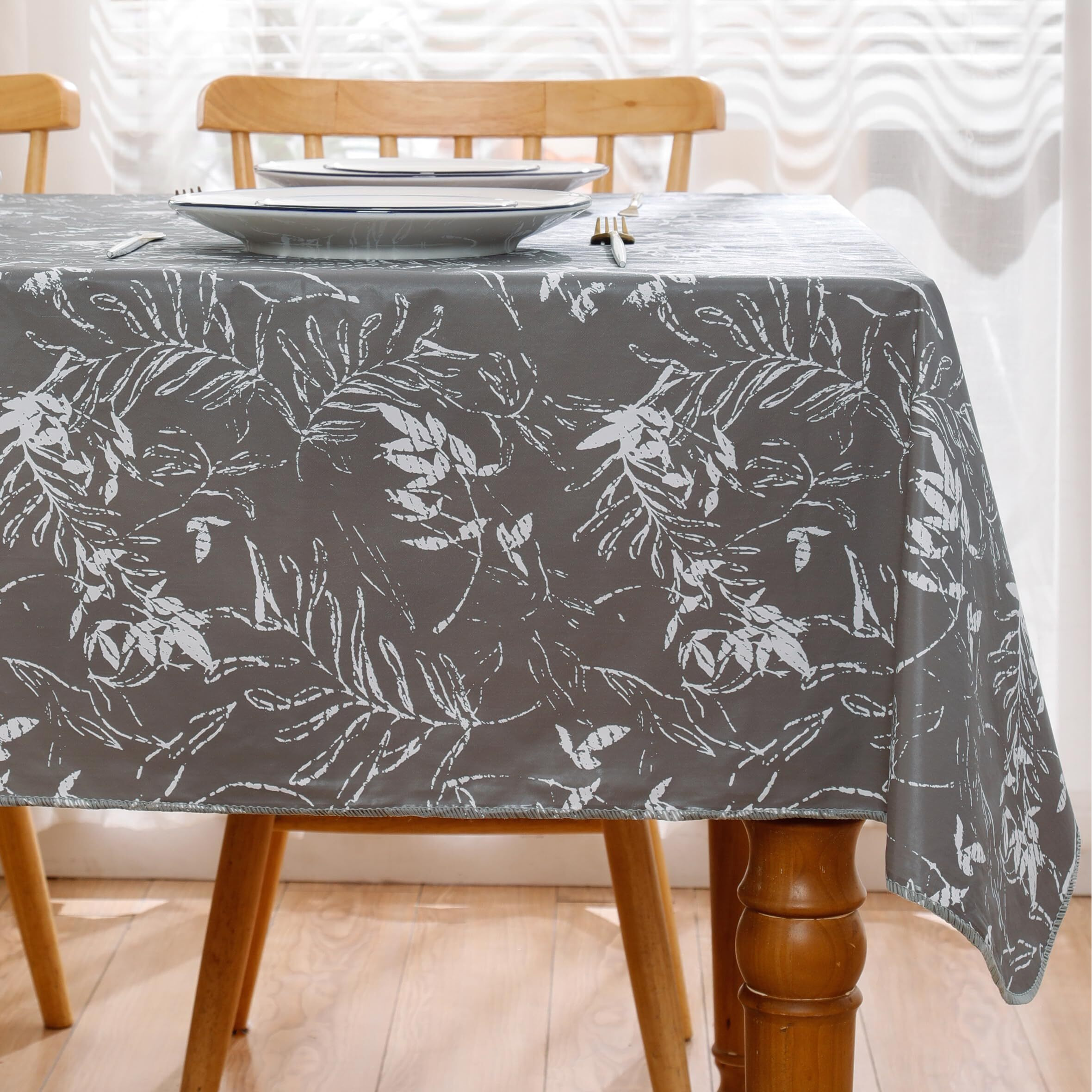 Heavy Duty Vinyl Tablecloth With Flannel Backing Waterproof Oil-Proof Plastic Table Cloth Stain-Resistant Wipeable Rectangle Or Square Table Cover For Indoor And Outdoor (Grey Leaf,60X84 Inch)