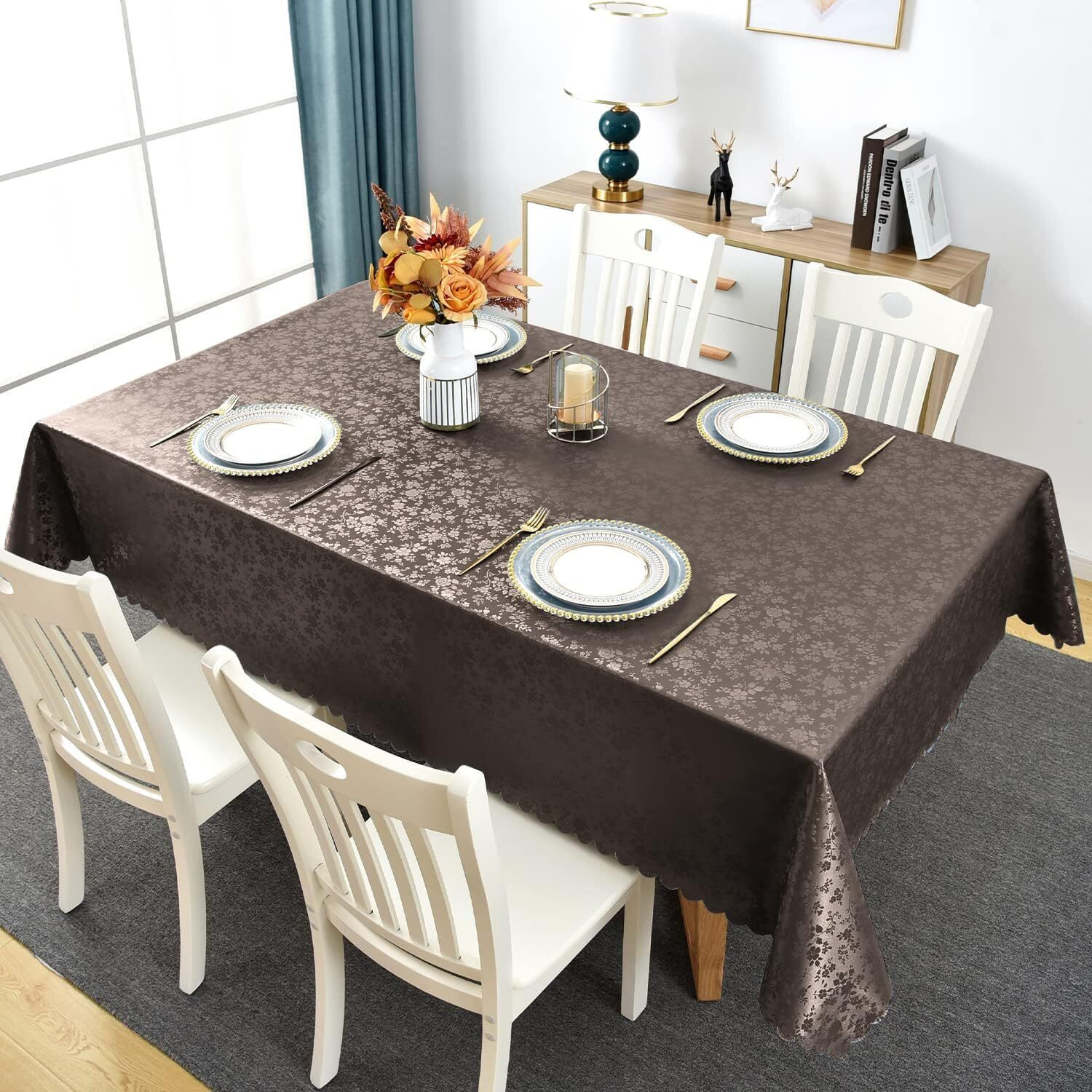 Romanstile Rectangle Vinyl Tablecloth,100% Waterproof Heavy Duty Oil Spill Proof Stain Resistant Plastic Pu Table Cover With Flannel Backing For Kitchen, Dining (Rose Coffee, 54 X 78)