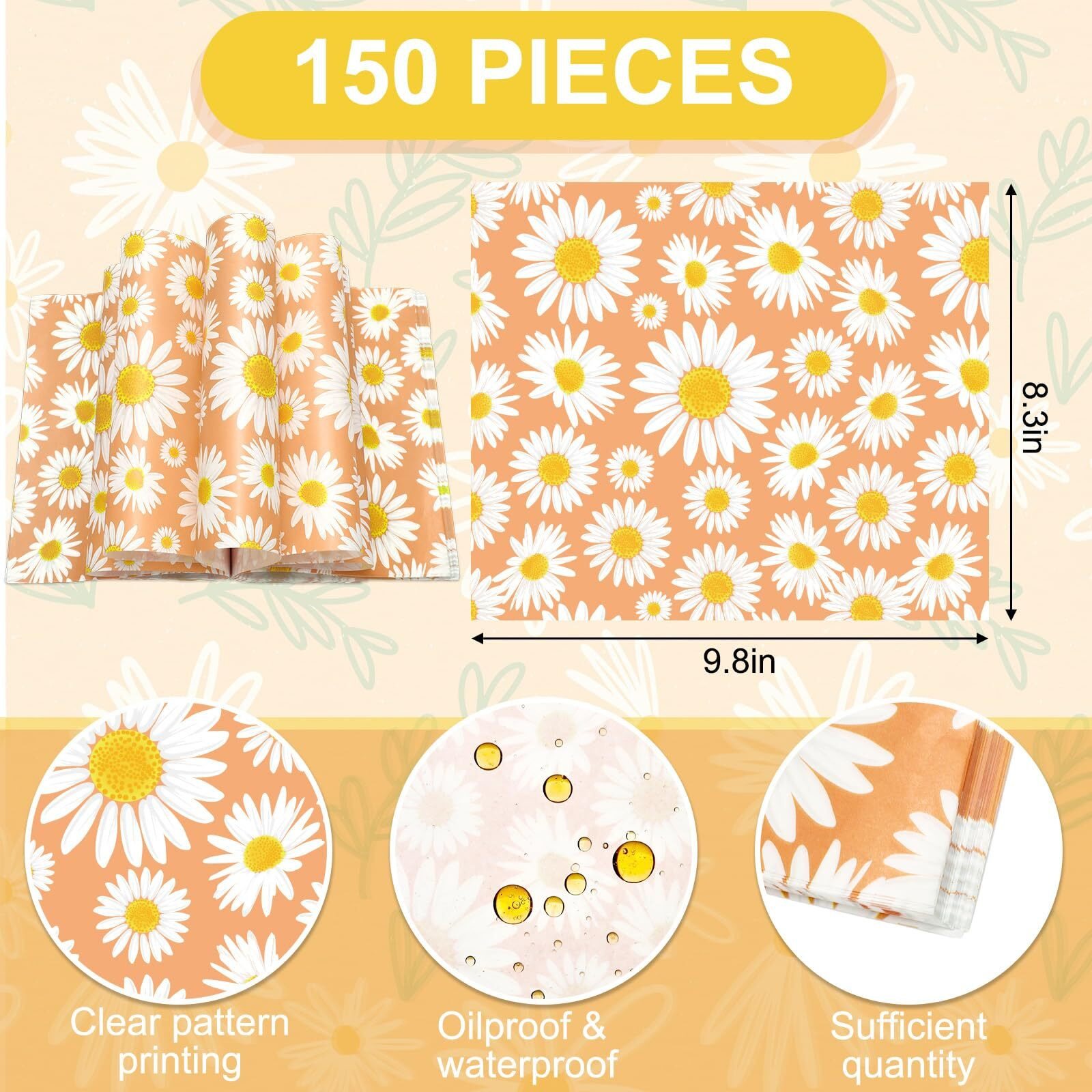 Jarthenaamcs 150Pcs Daisy Orange Wax Paper Spring Flower Deli Paper Pastel Floral Sandwich Wrap Paper Tissue Waterproof Oil-Proof Picnic Liners For Party Kitchen Supplies, 9.8 X 8.3 Inch