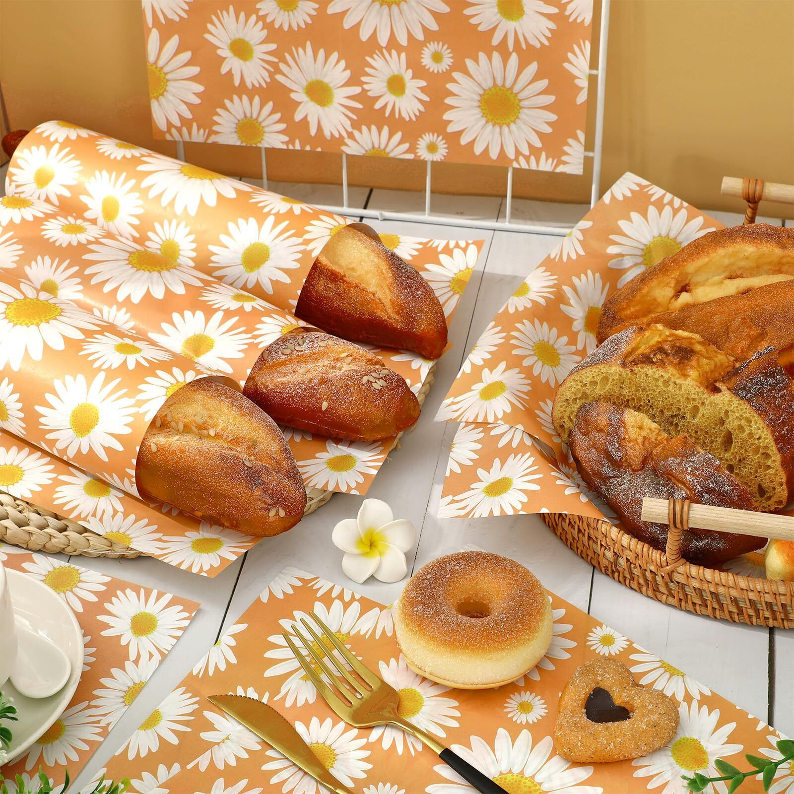 Jarthenaamcs 150Pcs Daisy Orange Wax Paper Spring Flower Deli Paper Pastel Floral Sandwich Wrap Paper Tissue Waterproof Oil-Proof Picnic Liners For Party Kitchen Supplies, 9.8 X 8.3 Inch