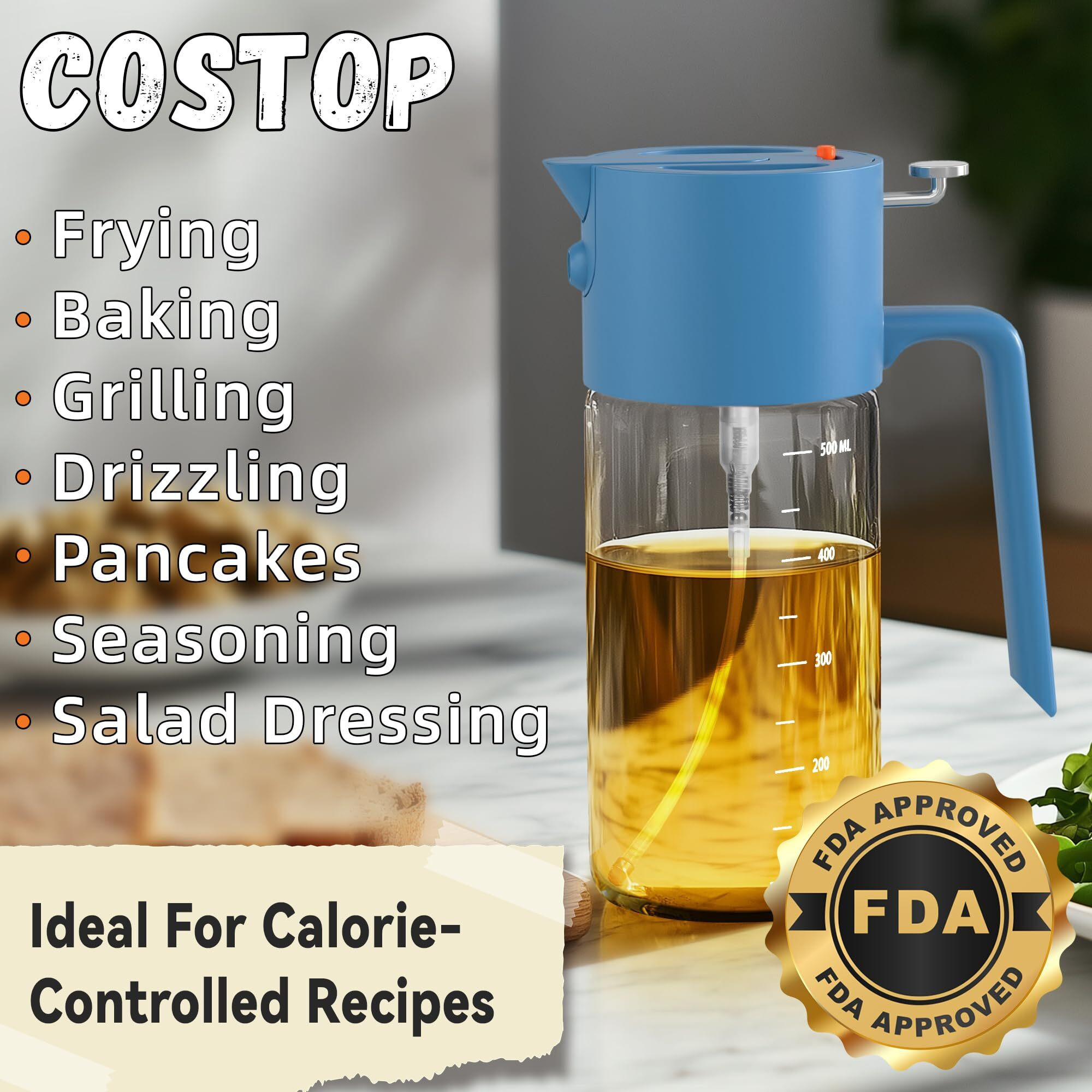 Oil Sprayer For Cooking, 2025 Large Advanced Olive Oil Dispenser Bottle,500Ml/17Oz Glass Olive Oil Sprayer,2 In 1 Even Spray With Portion Control For Kitchen, Air Fryer, Salad, Bbq - Blue