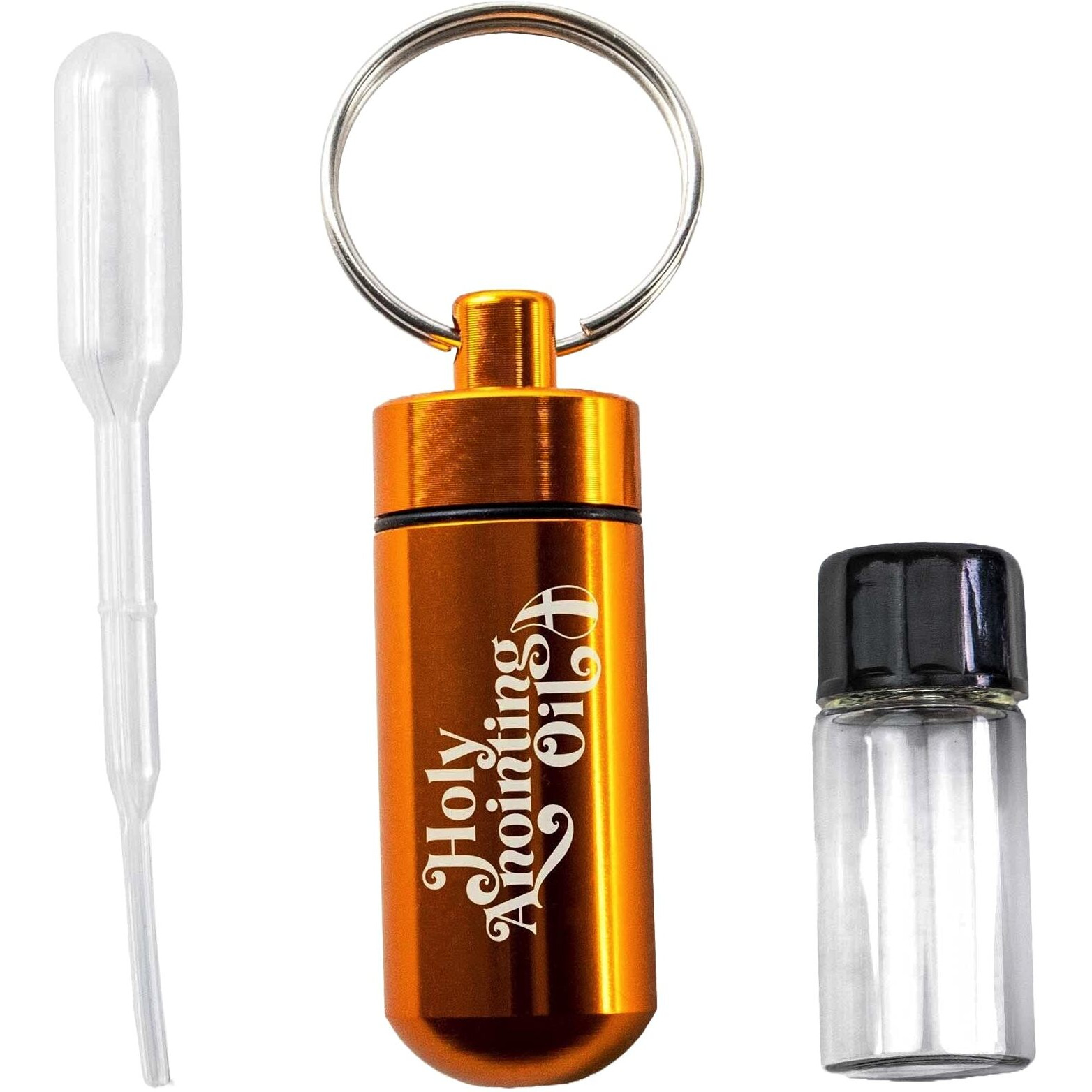 Anointing Oil Bottle Accessory Kit, Gold Keychain Container, Plastic Eyedropper & Small Empty Glass Vial, Screw Top Metal Holder, Protective Travel Set For Holy Oils, Botellas Para Aceite Ungido