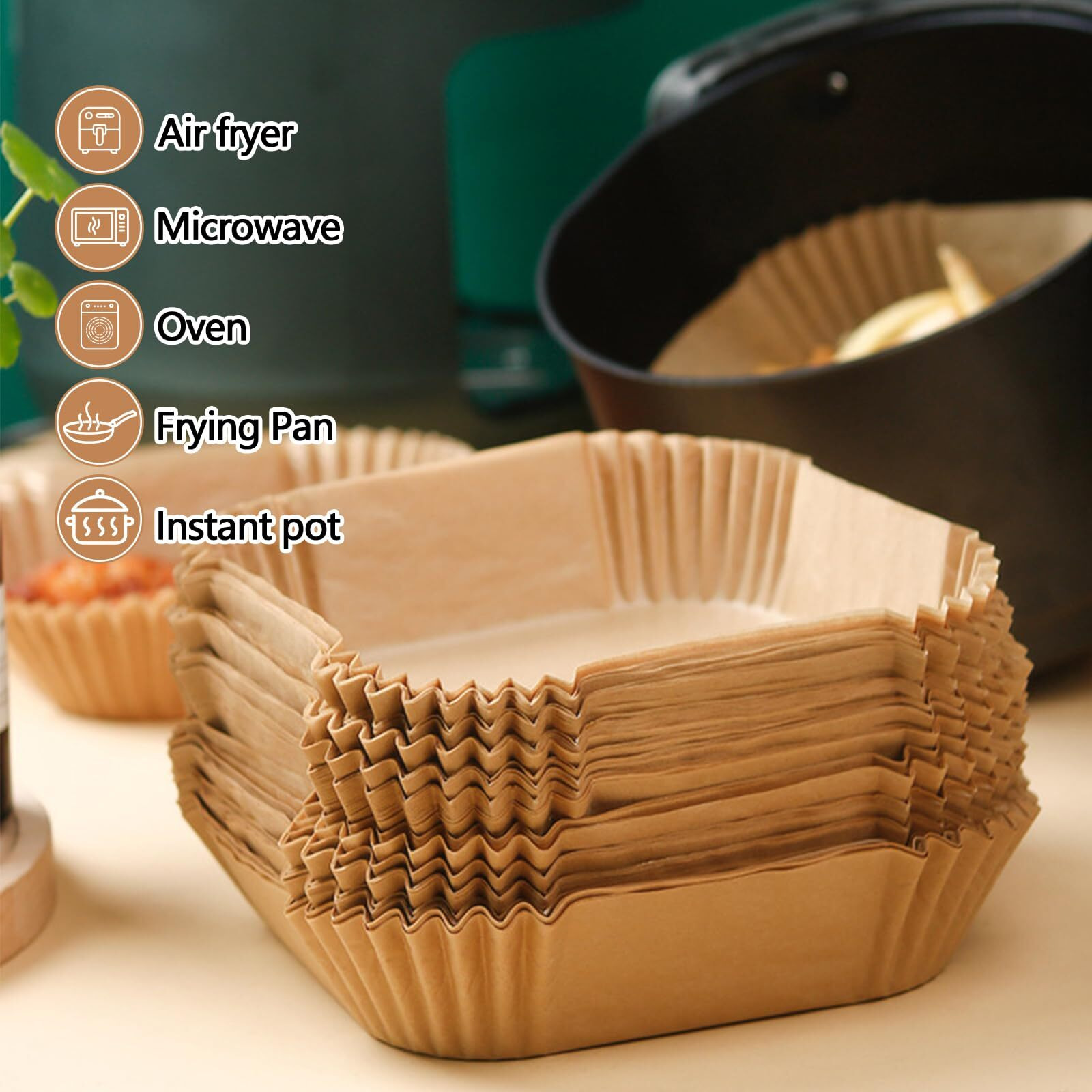 9 Inch Air Fryer Paper Liner Disposable, 200Pcs Non-Stick, Oil-Proof & High-Temperature Resistant Square Baking Parchment Paper For Air Fryer, Microwave And Oven(Bottom Is 8 Inch)