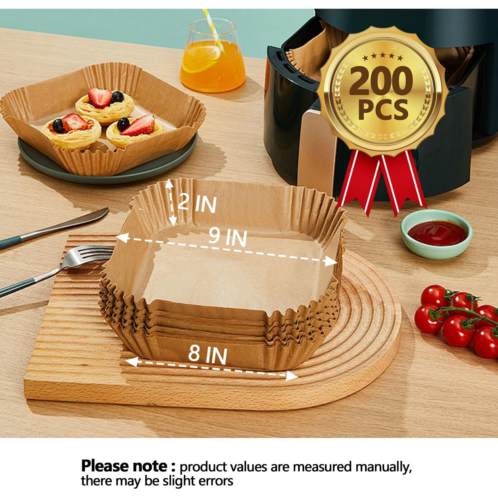 9 Inch Air Fryer Paper Liner Disposable, 200Pcs Non-Stick, Oil-Proof & High-Temperature Resistant Square Baking Parchment Paper For Air Fryer, Microwave And Oven(Bottom Is 8 Inch)