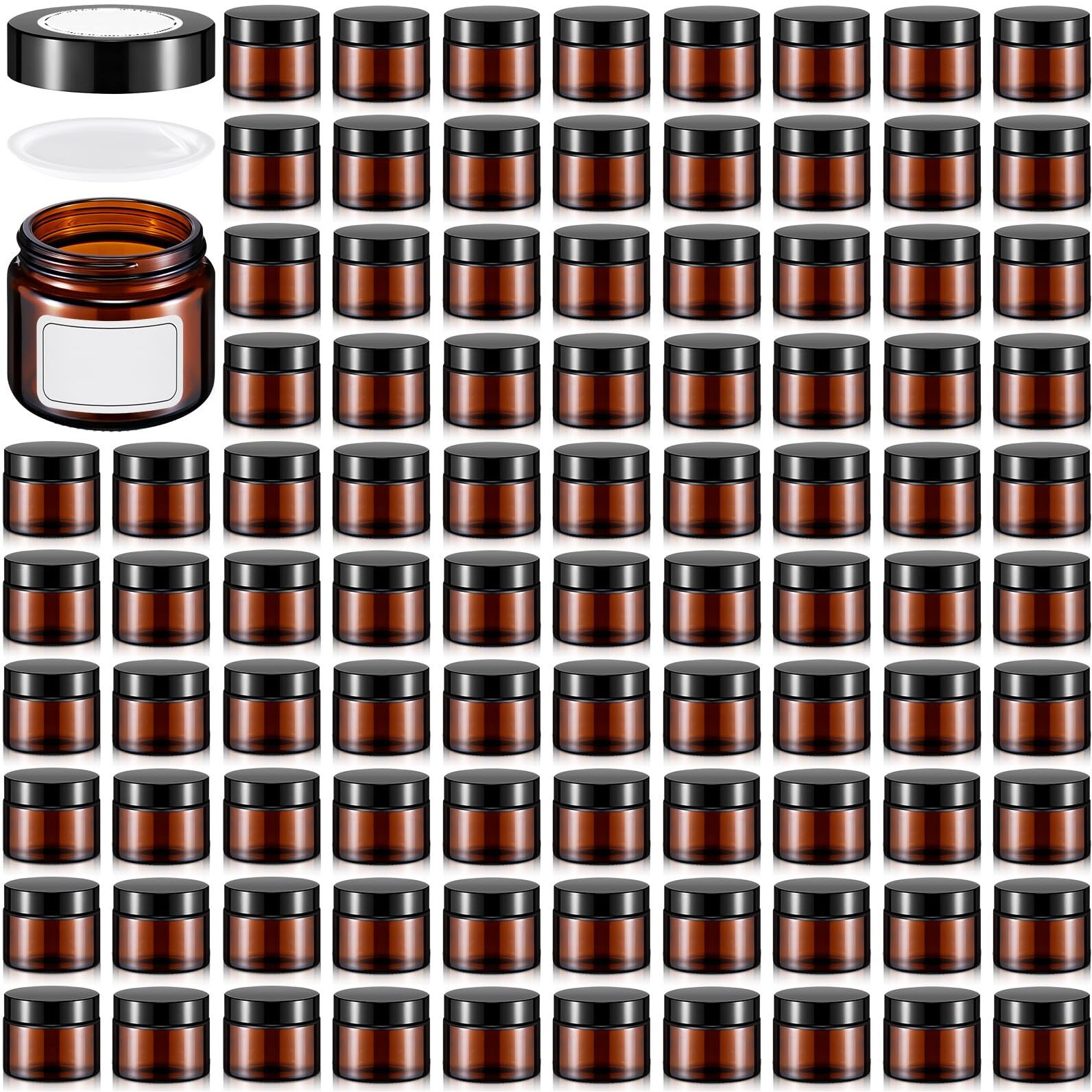 Layhit 2 Oz Amber Jars With Lids, Empty Round Cosmetic Jars Travel Storage Jar With Inner Liners White Labels For Scrubs, Lotions, Cosmetic,Spice,Powder And Ointments(Amber,Black Lid)
