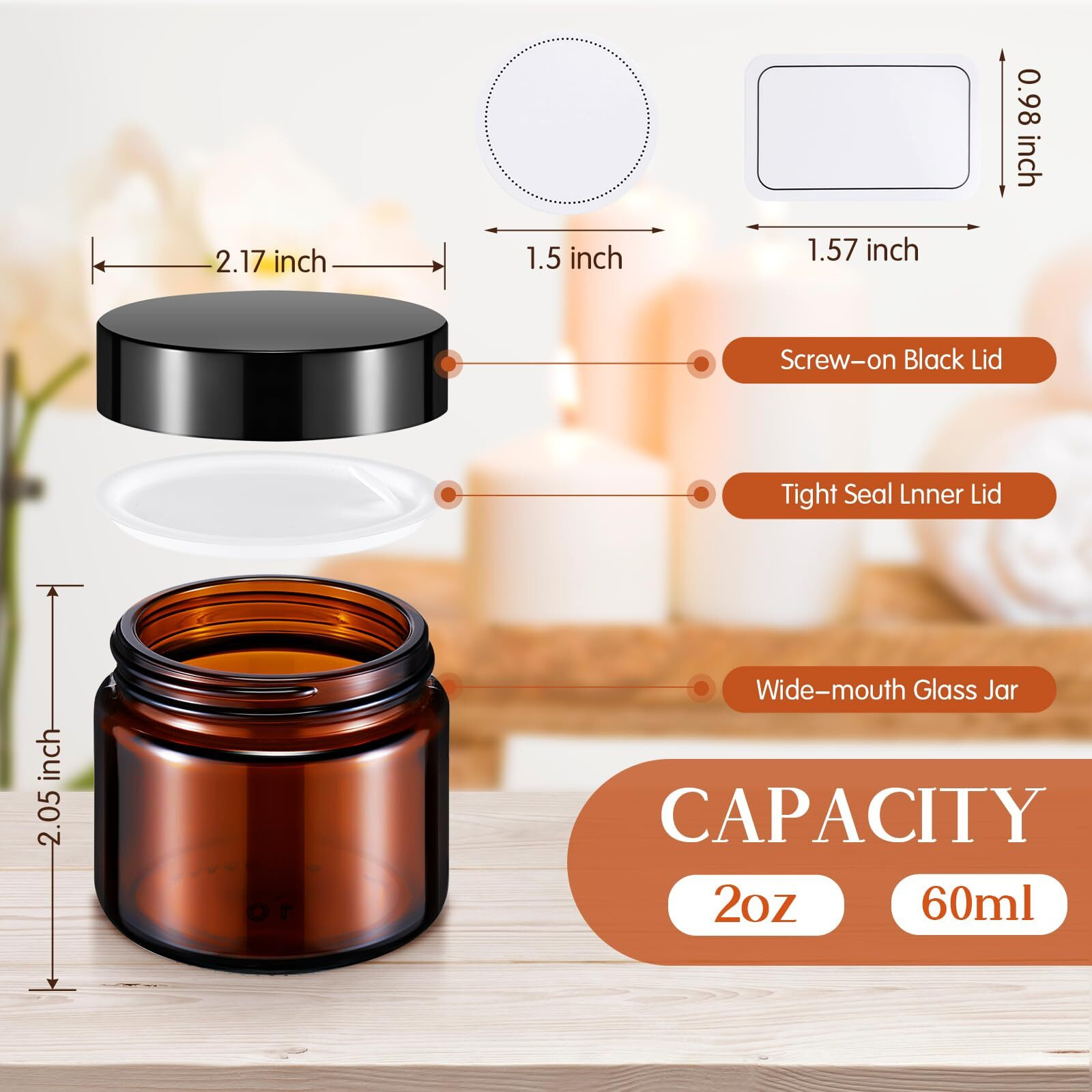 Layhit 2 Oz Amber Jars With Lids, Empty Round Cosmetic Jars Travel Storage Jar With Inner Liners White Labels For Scrubs, Lotions, Cosmetic,Spice,Powder And Ointments(Amber,Black Lid)