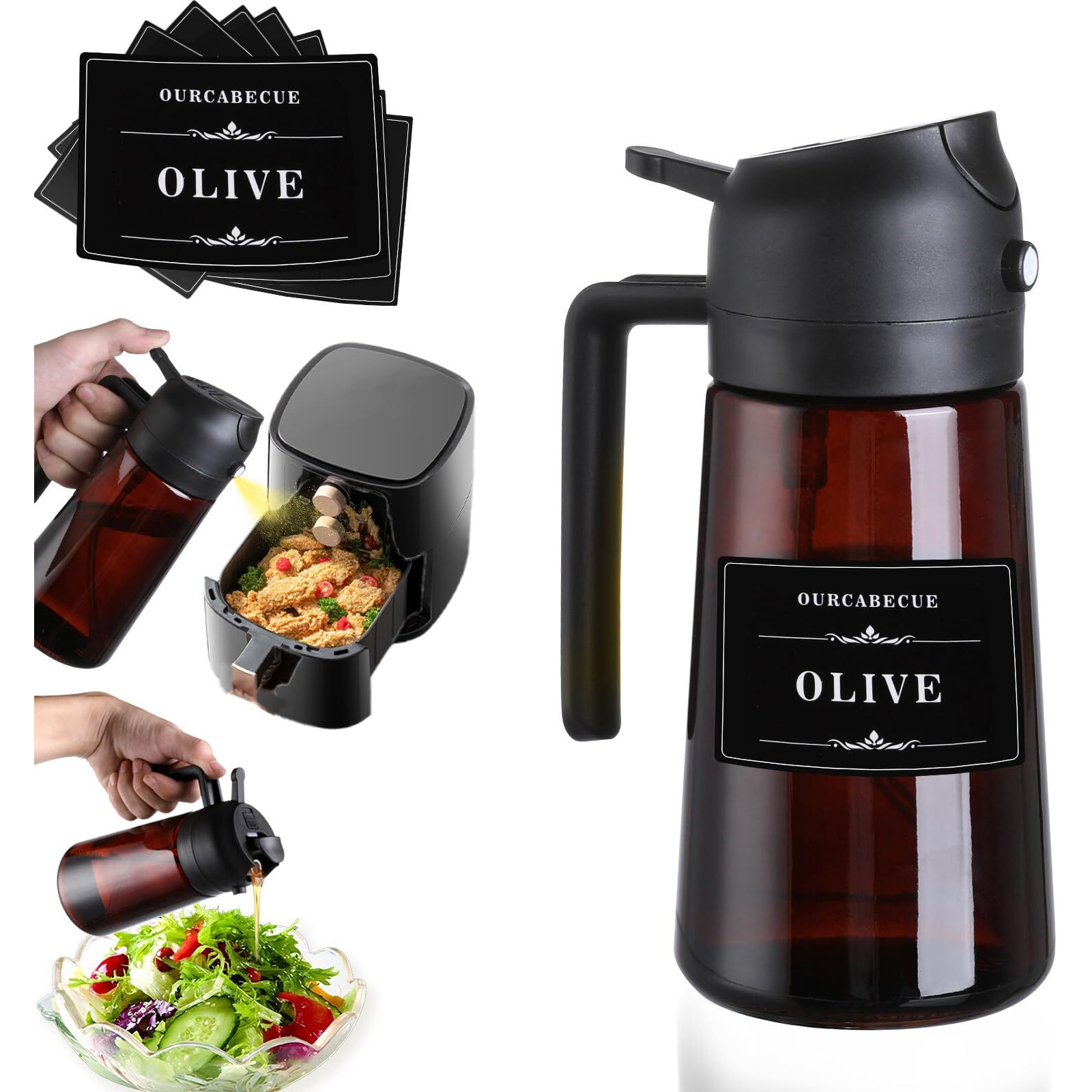 Ourcabecue Oil Sprayer For Cooking, 16Oz Glass Olive Oil Dispenser Bottle For Kitchen Gadgets, 2 In 1 Spray And Pour Dark Brown Bottle With Stickers For Air Fryer, Salad
