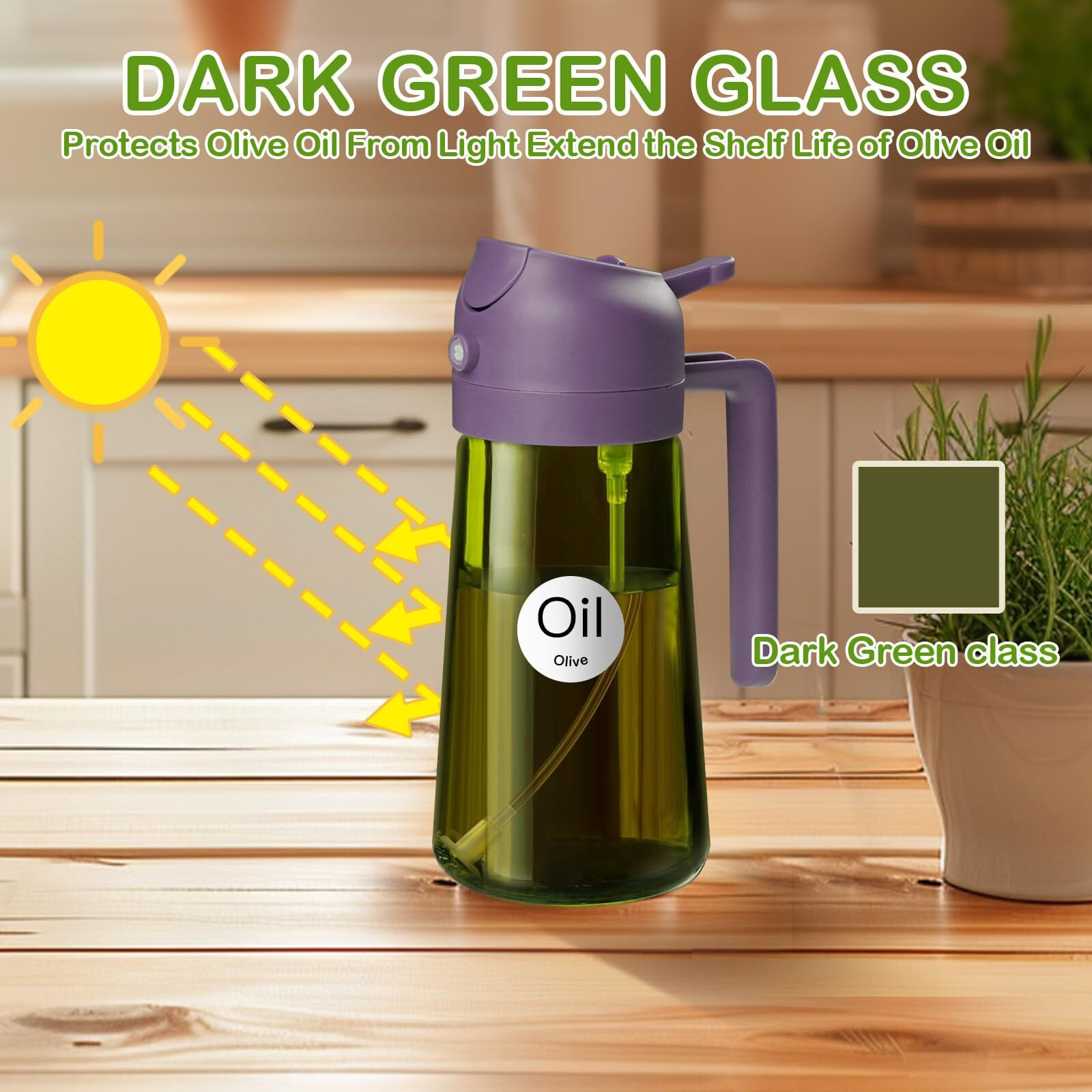 Yarramate 16Oz/470Ml Dark Green Oil Sprayer For Cooking With Stickers, Food-Grade Premium 2 In 1 Olive Oil Dispenser Bottle For Kitchen Gadgets, Air Fryer, Salad, Frying, Bbq (Purple)