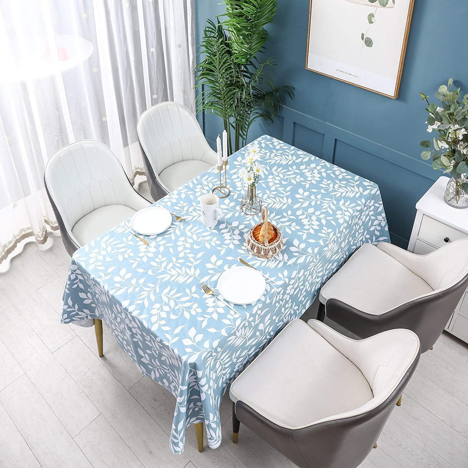 Vinyl Tablecloth With Flannel Backed Waterproof Oil-Proof Pvc Table Cloth Wipeable Spill-Proof Plastic Table Cover For Indoor And Outdoor(Blue Leaves, 60 X 102 Inch Rectangle)