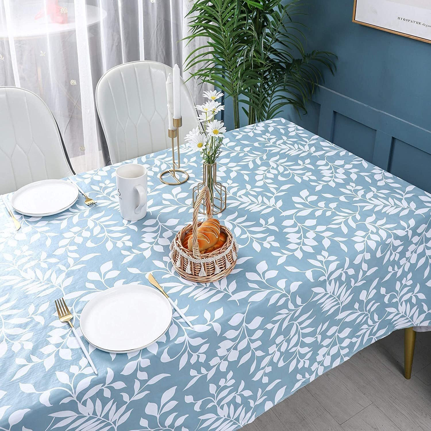 Vinyl Tablecloth With Flannel Backed Waterproof Oil-Proof Pvc Table Cloth Wipeable Spill-Proof Plastic Table Cover For Indoor And Outdoor(Blue Leaves, 60 X 102 Inch Rectangle)
