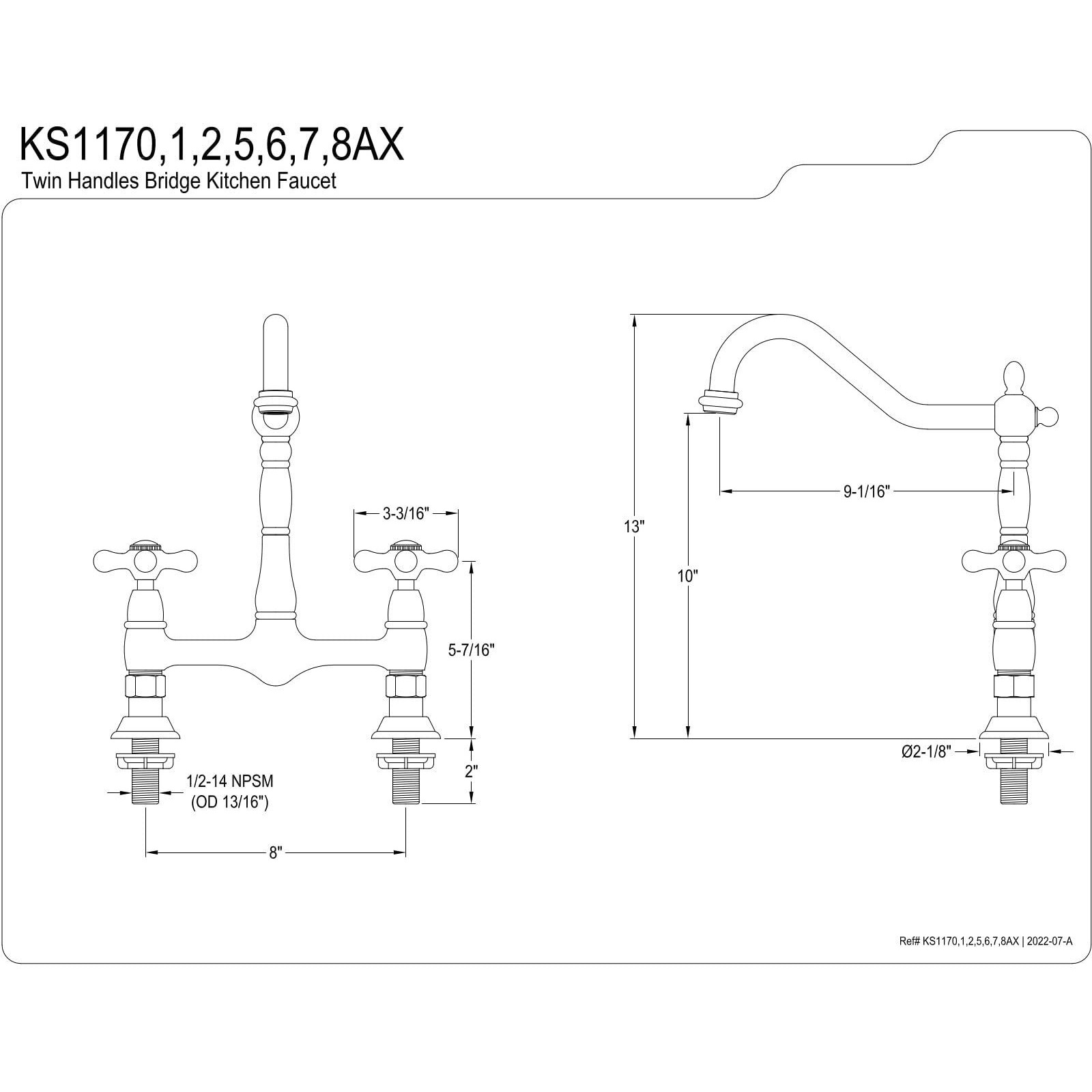 Kingston Brass Ks1175Ax Heritage Bridge Kitchen Faucet, 13 X 8 X 2.13, Oil Rubbed Bronze