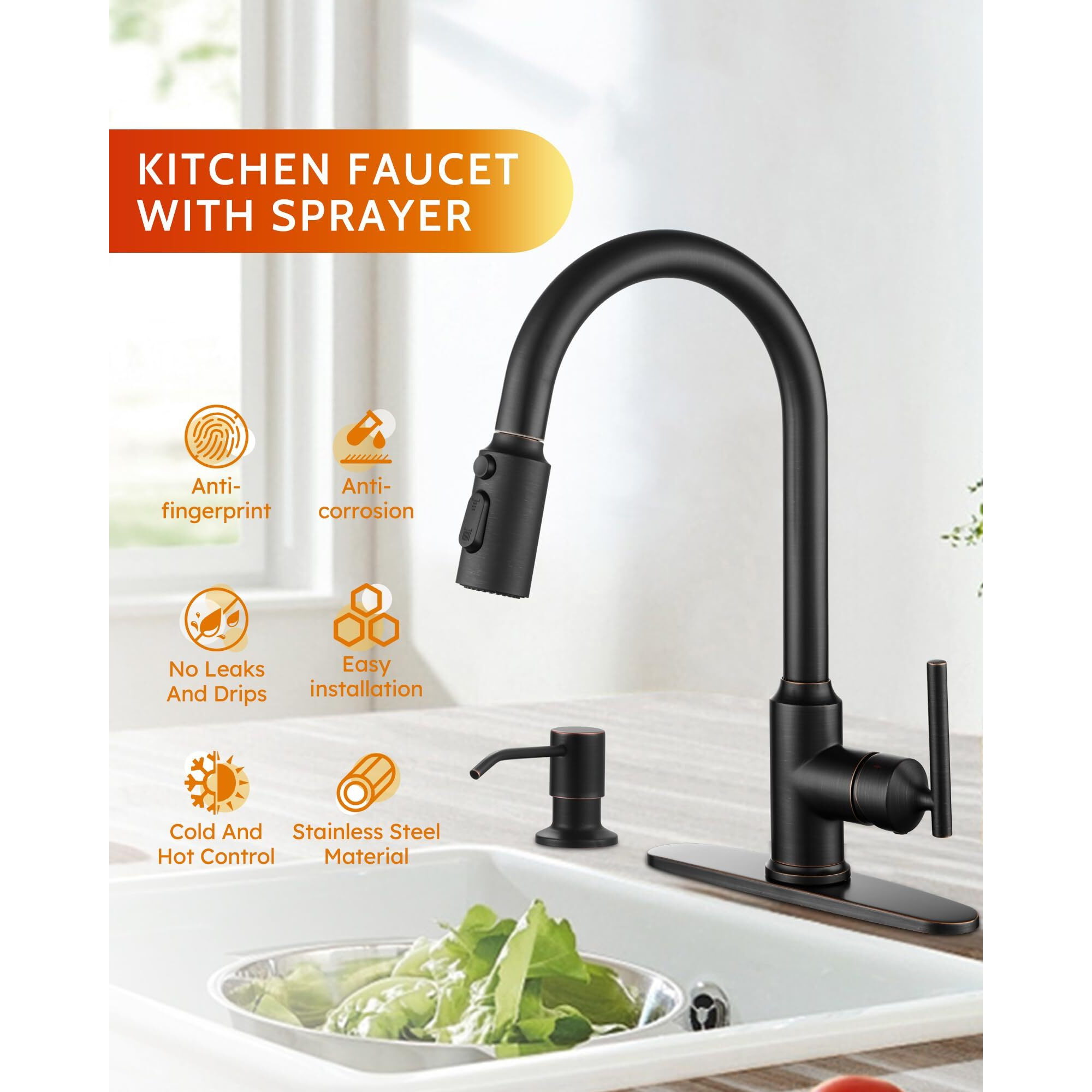 Wowow Kitchen Faucets With Sprayer, Oil Rubbed Bronze Rv Kitchen Faucet, Single-Handle Camper Outdoor Sink Laundry Faucets For Utility 4 Hole Kitchen Faucet For Sink Faucet Kitchen With Soap Dispenser