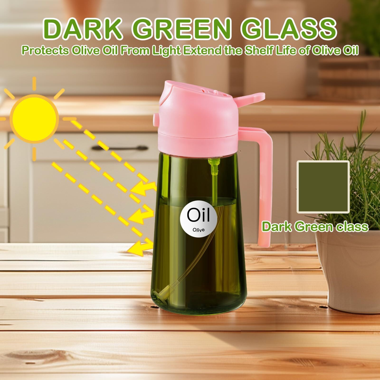 Yarramate 2Pcs 16Oz/470Ml Dark Green Oil Sprayer For Cooking With Stickers, Food-Grade Premium 2 In 1 Olive Oil Dispenser Bottle For Kitchen Gadgets, Air Fryer, Salad, Frying, Bbq (Pink&Black)